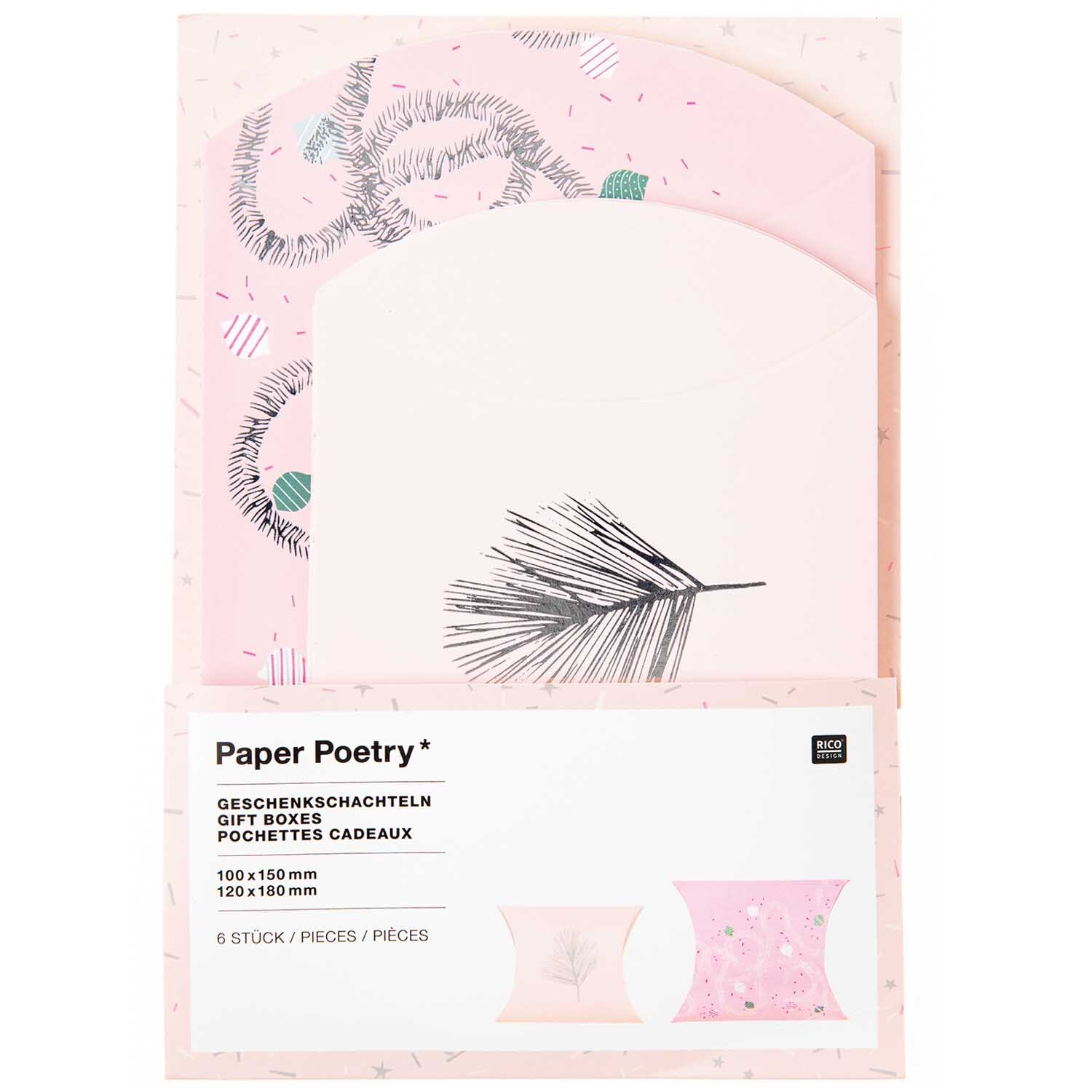 Paper Poetry Geschenkschachteln zeigen nostalgische Weihnachtsmotive in Rosa. Enthält 6 dekorative Boxen von Rico Design.
