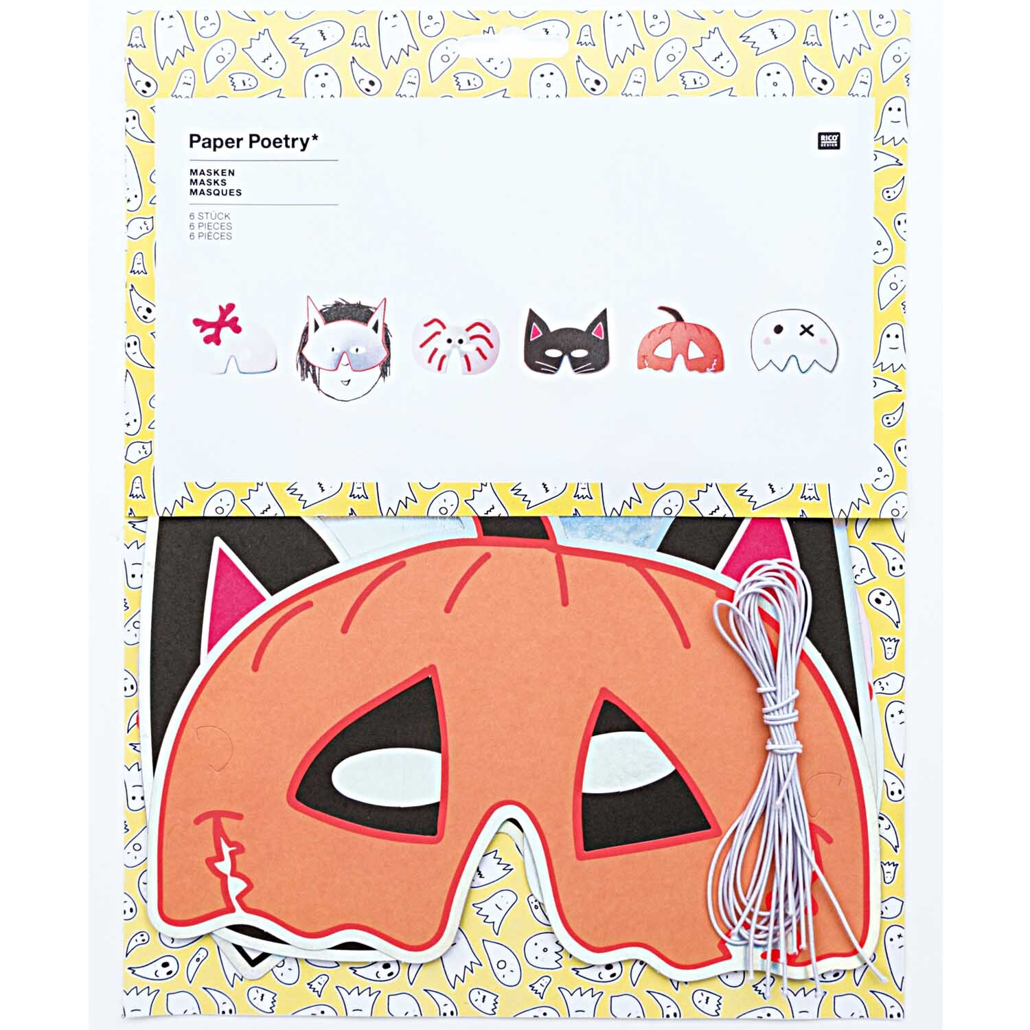 Paper Poetry Masken Halloween 6 Stück mit bunten Designs von Rico Design, ideal für kreative Kostüme.