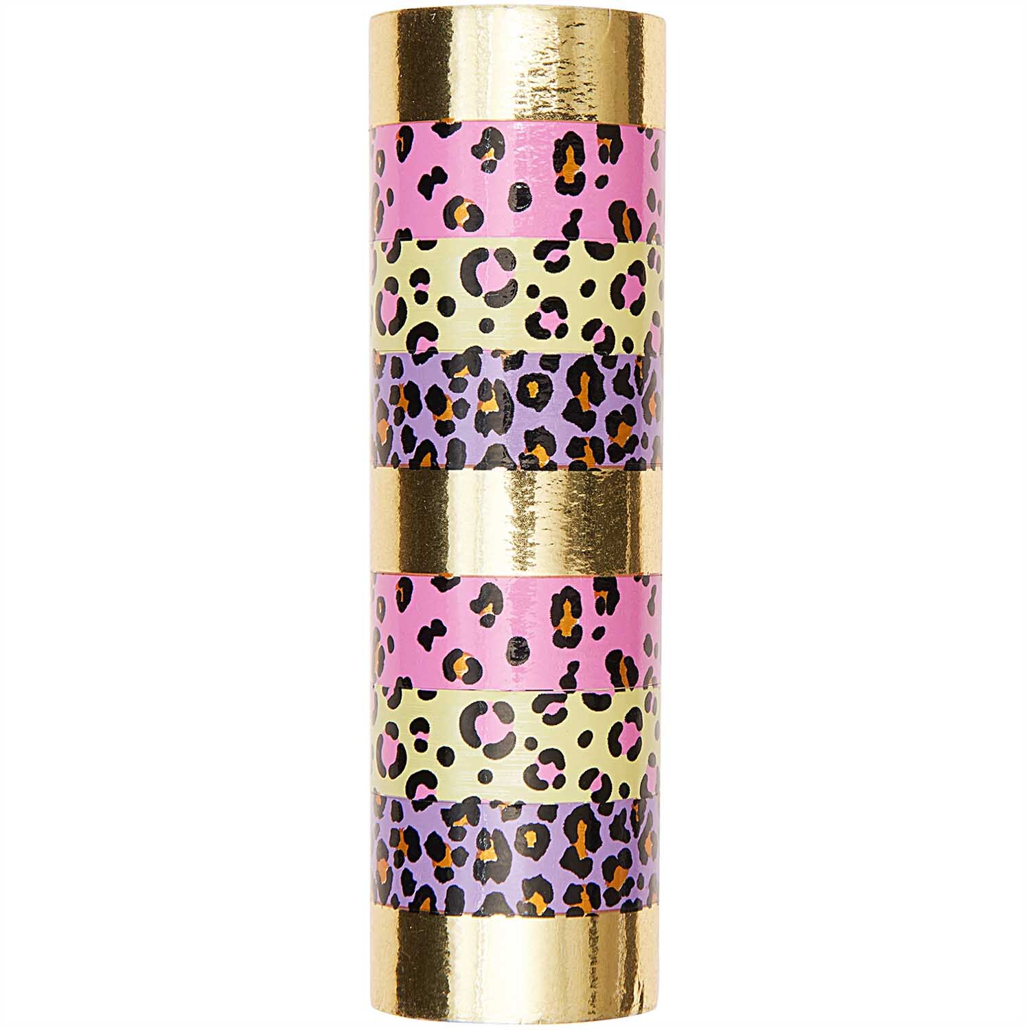 Luftschlangen mit Leopardenmuster in Gold, Rosa und Lila von Rico Design, ideal für Partys.