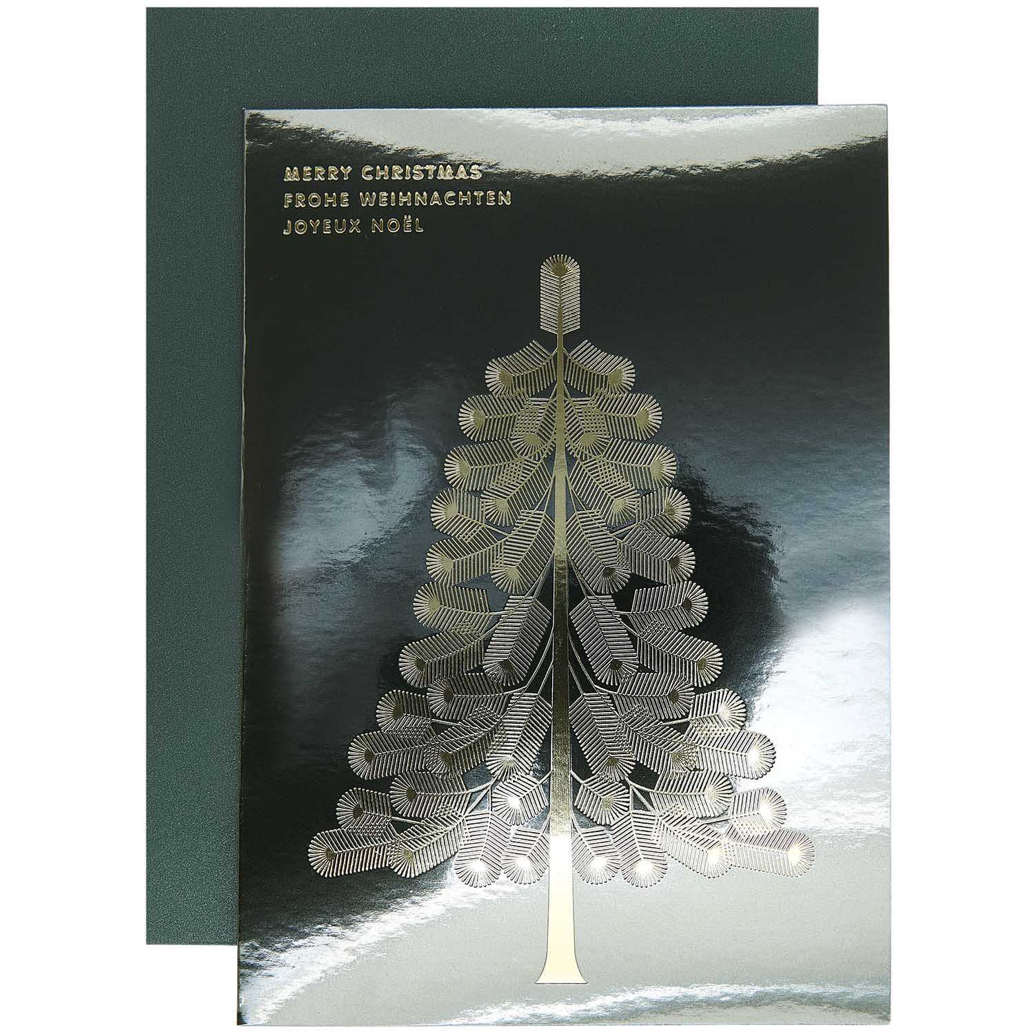 Paper Poetry Grußkarte mit silberner Tanne auf glänzendem Hintergrund, von Rico Design.