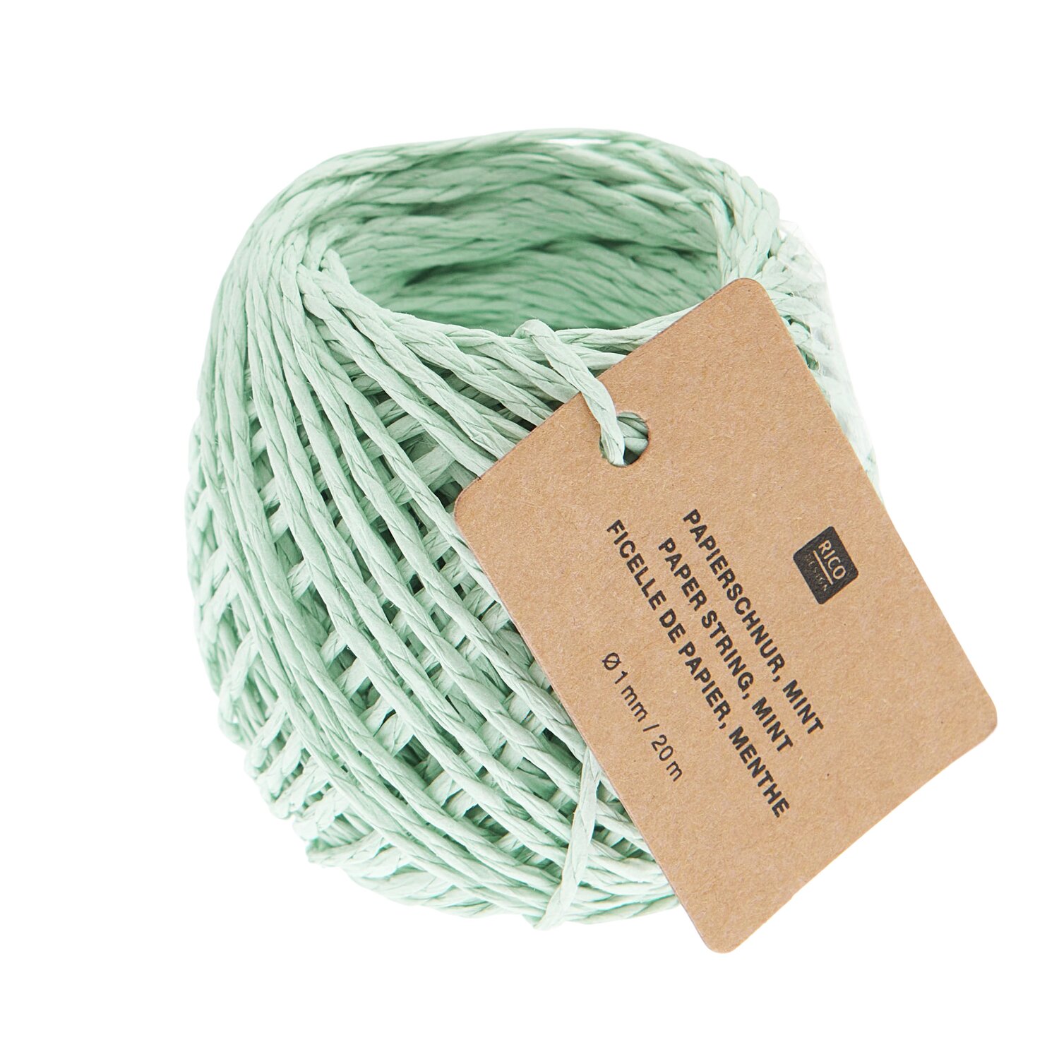 Papierschnur 1mm 20m von Rico Design in Mint. Das Bild zeigt eine Rolle mintfarbener Papierschnur mit Etikett.
