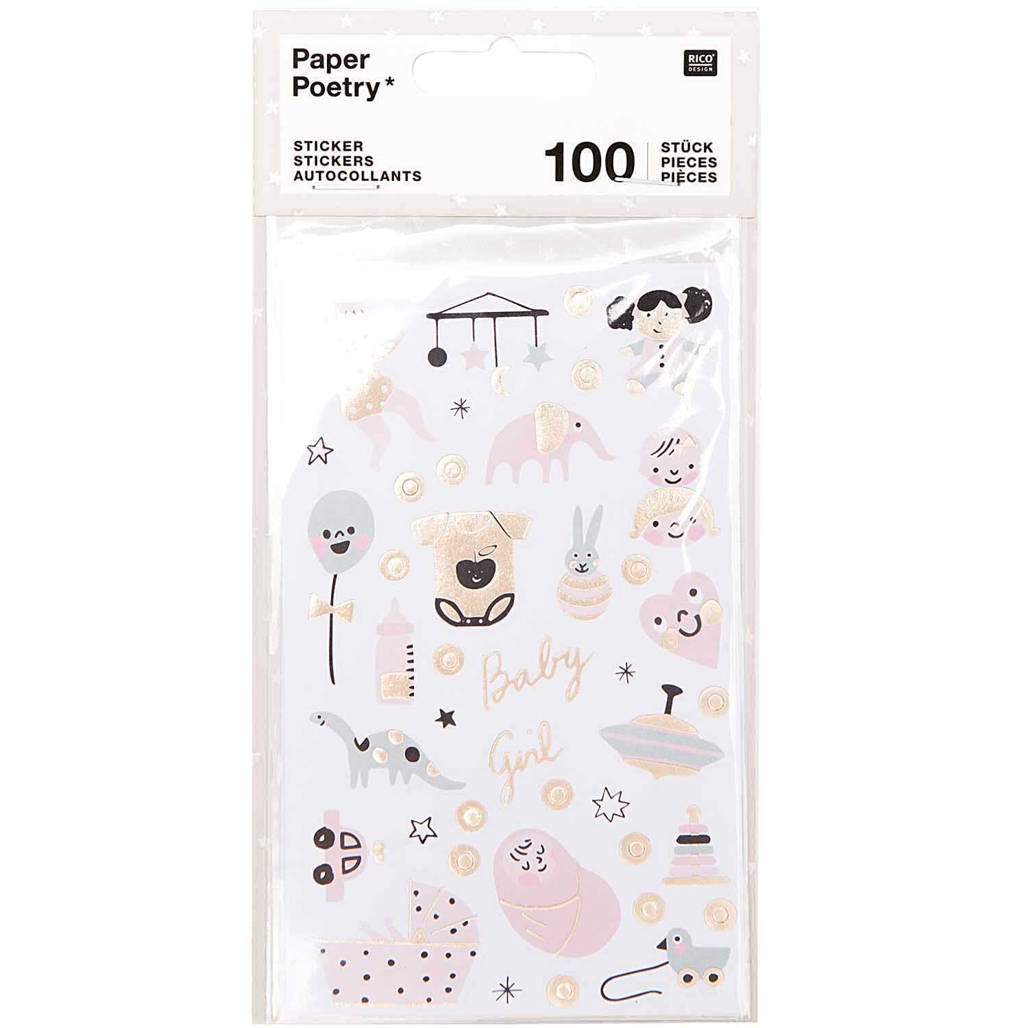 Paper Poetry Sticker Hello Baby Mädchen mit niedlichen Baby-Motiven, ideal für Scrapbooking.