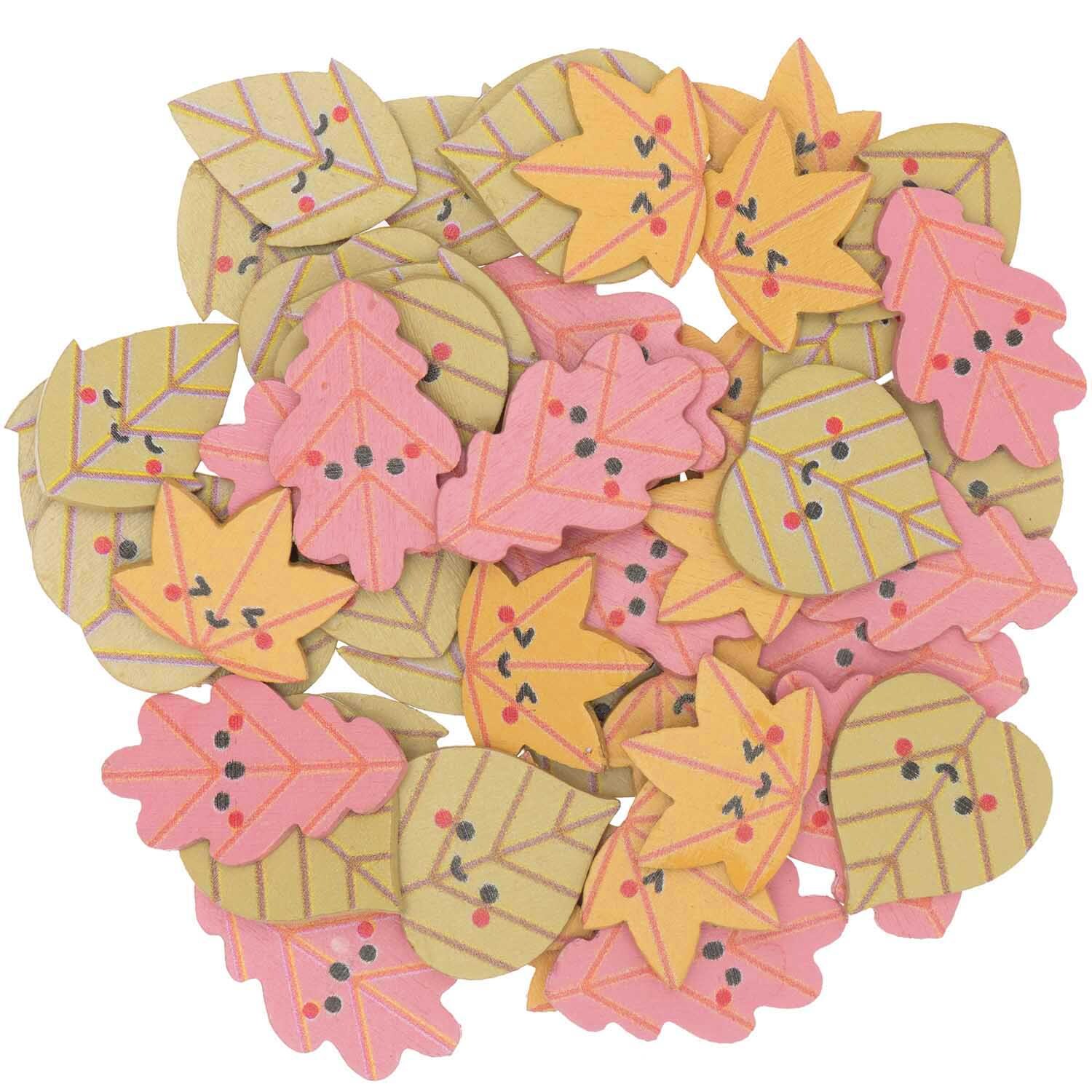 Holzstreu Blätter Mix bunt 48 Stück: Bunte Holzblätter in Rosa und Gelb von Rico Design, ideal für Dekorationen.