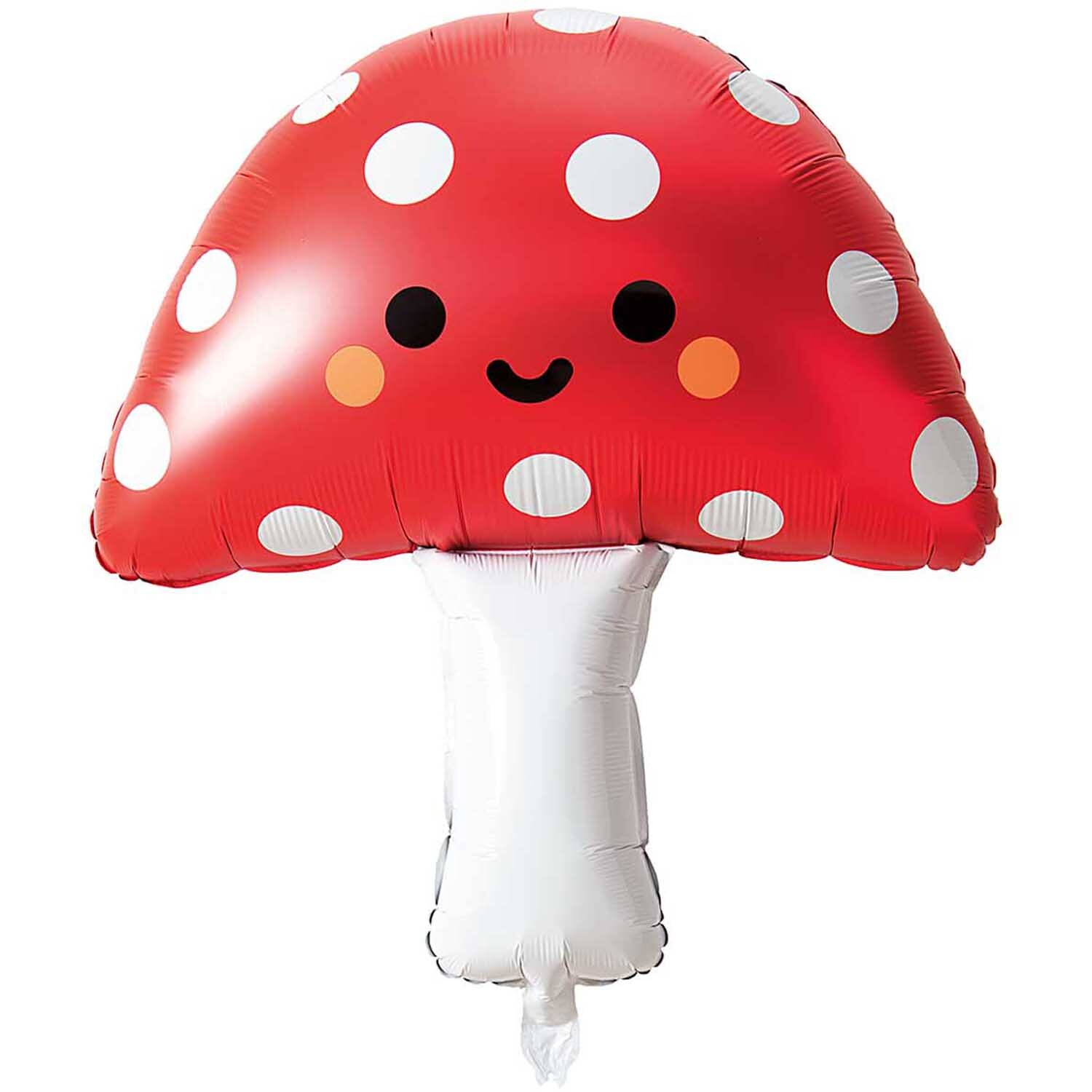 Folienballon Fliegenpilz 65x85cm: Roter Ballon mit weißen Punkten und lächelndem Gesicht, ideal für Dekorationen.