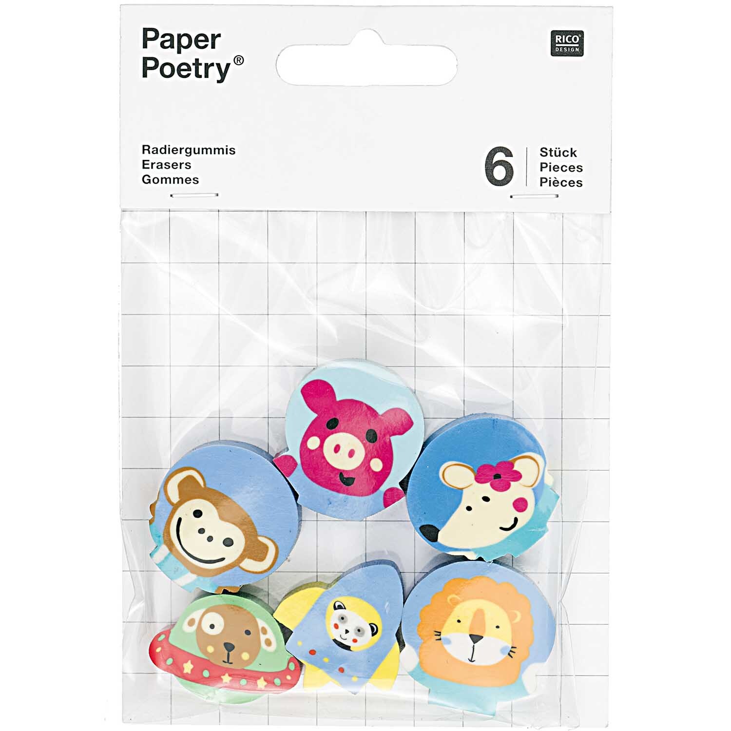 Paper Poetry Radiergummi Weltall 6 Stück, bunte Tiermotive, verpackt in einer transparenten Tüte von Rico Design.
