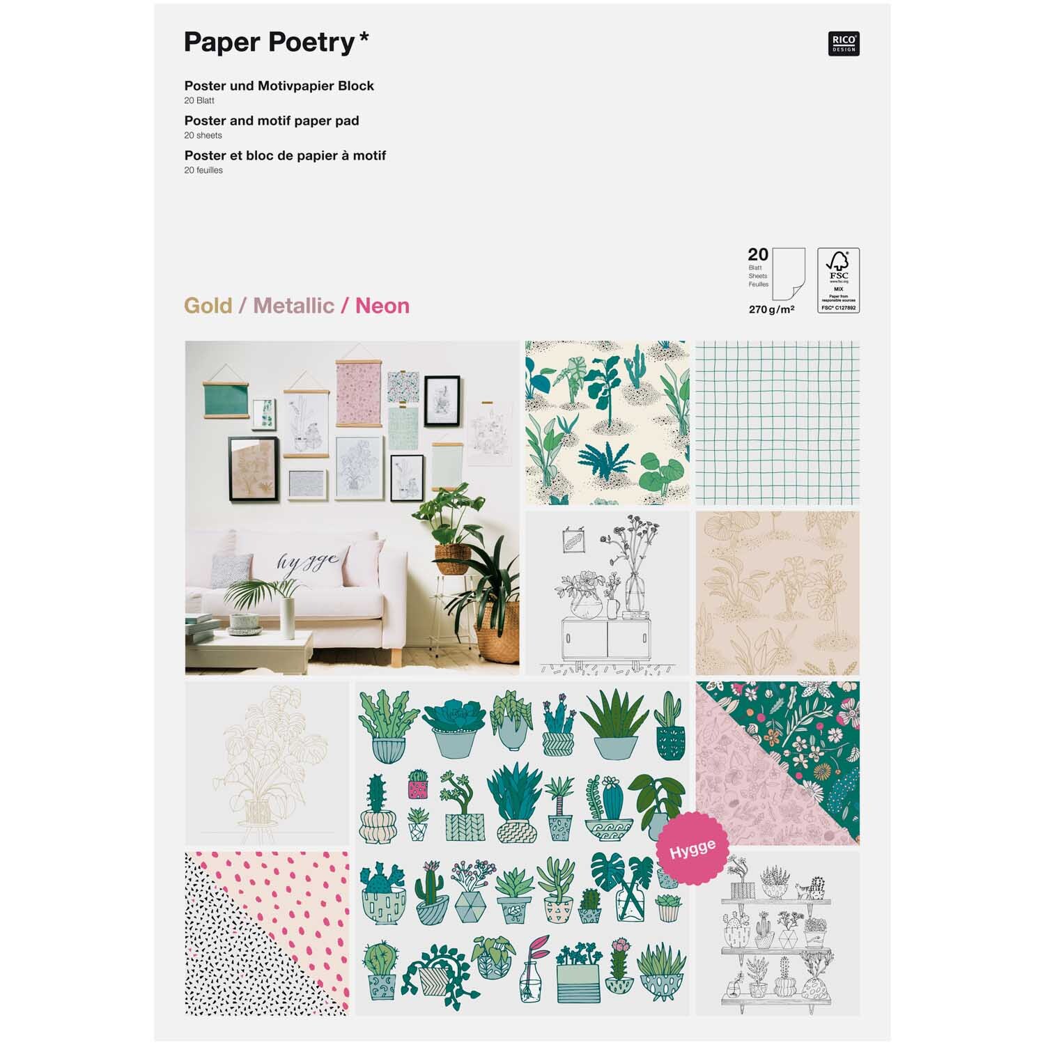 Paper Poetry Motivpapier Block Hygge DIN A3 zeigt bunte Pflanzenmotive und geometrische Muster. Ideal für kreative Projekte.