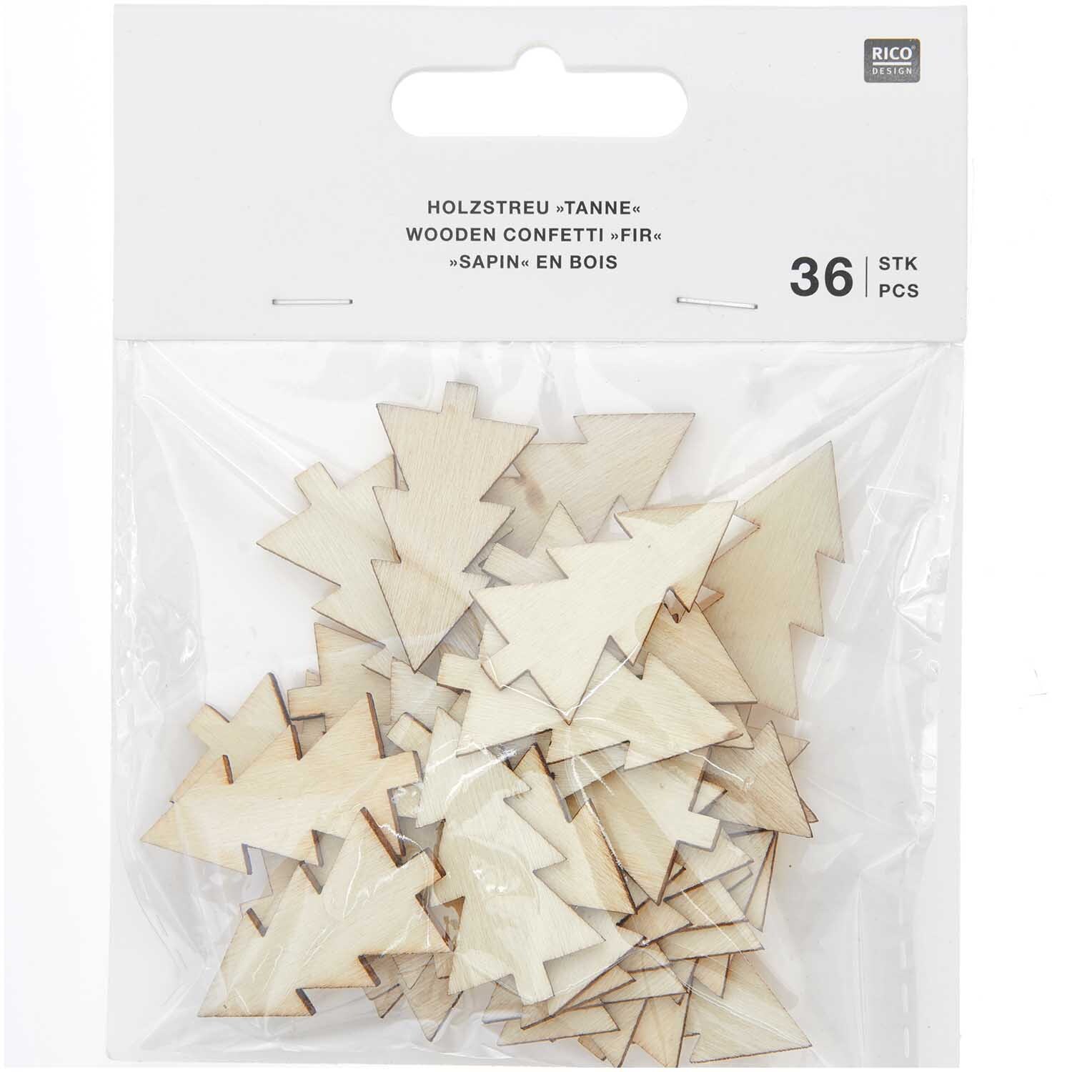 Holzstreu Tanne 20x36mm 36 Stück Farbe natur von Rico Design Holzstreu Tanne 20x36mm, 36 Stück. Naturfarbene Tannenbaum-Streuteile von Rico Design in transparenter Verpackung.