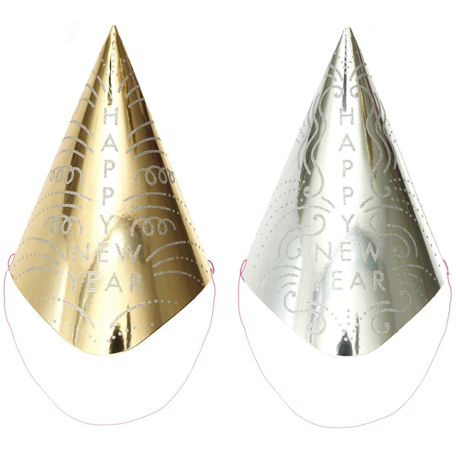 Paper Poetry Partyhüte in Silber und Gold mit "Happy New Year"-Aufdruck von Rico Design.