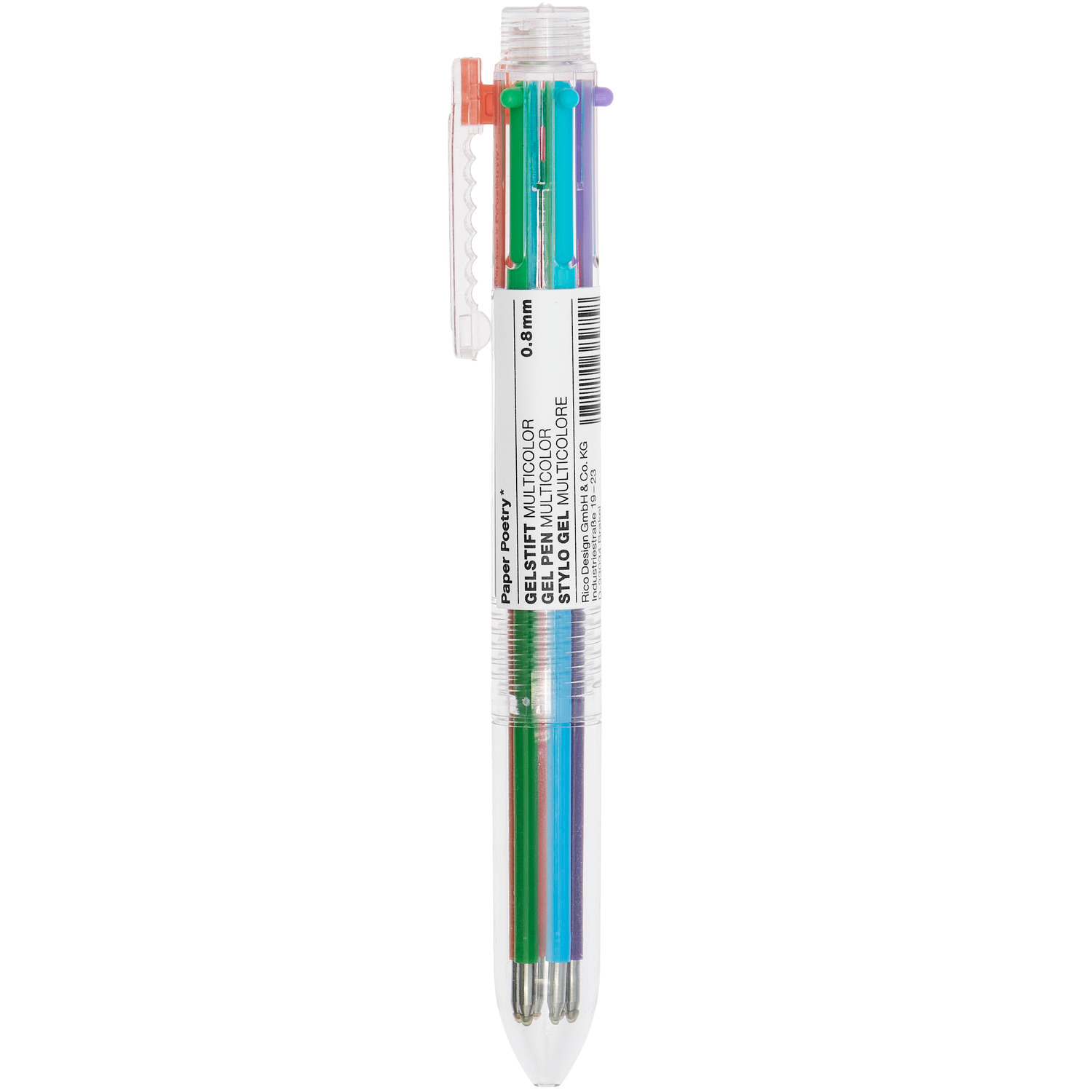 Paper Poetry mehrfarbig Gelstift, 6 Stück von Rico Design. Der Stift zeigt mehrere Farben in einem transparenten Gehäuse.