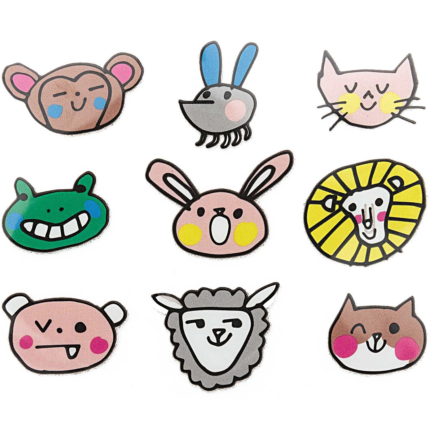 Bügelmotiv fröhliche Gesichter 2cm 9 Stück, Mehrfarbig, von Rico Design. Verschiedene Tiergesichter in bunten Farben auf weißem Hintergrund.
