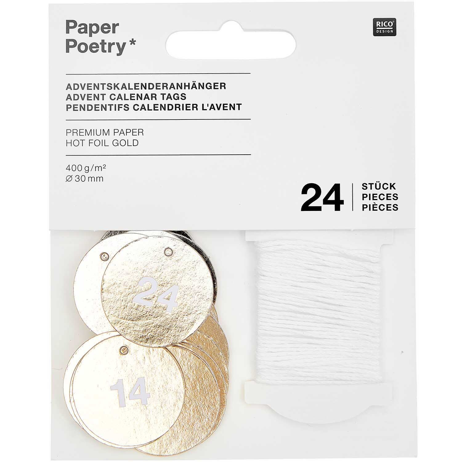 Paper Poetry Adventskalenderanhänger aus goldfarbenem Papier von Rico Design, 24 Stück, mit weißem Faden, ideal für kreative Weihnachtsdekorationen.