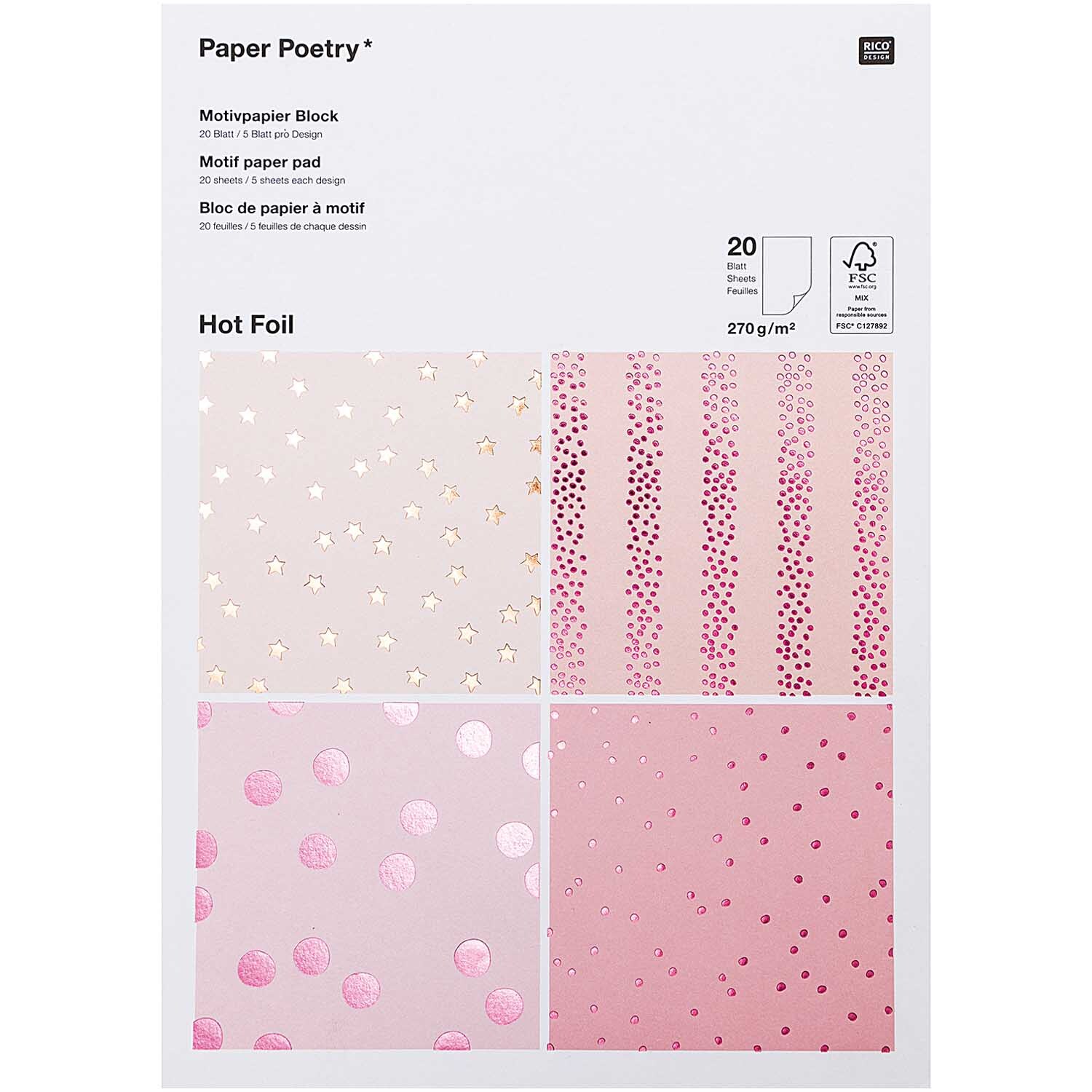 Paper Poetry Motivpapier Block mit Hot Foil, 20 Blatt, 270g/m², in verschiedenen Beerenmustern von Rico Design.