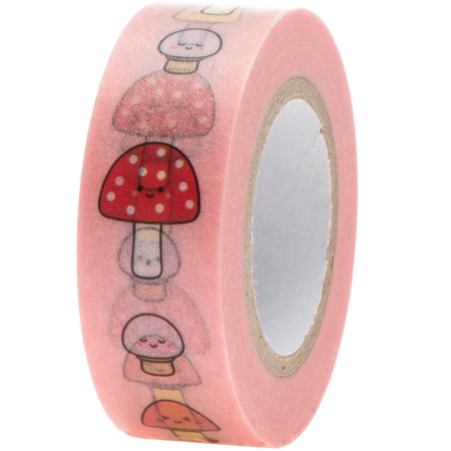 Paper Poetry Tape Pilze mit niedlichen Pilzmotiven auf rosa Hintergrund, 1,5 cm breit, 10 m lang, von Rico Design.