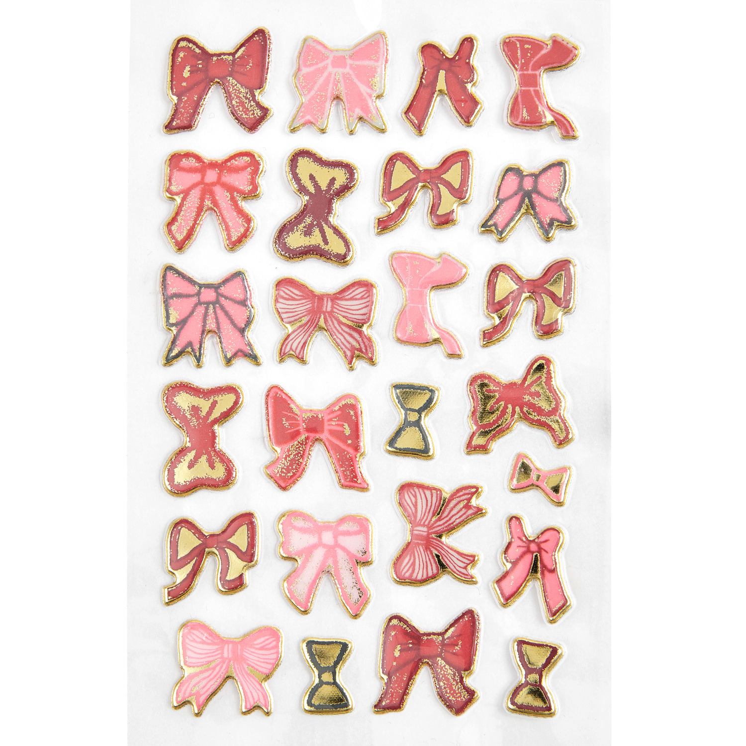 Paper Poetry Puffy Sticker Schleifen, 1 Blatt mit bunten Schleifenstickern in Rosa- und Rottönen. Ideal für kreative Bastelprojekte.