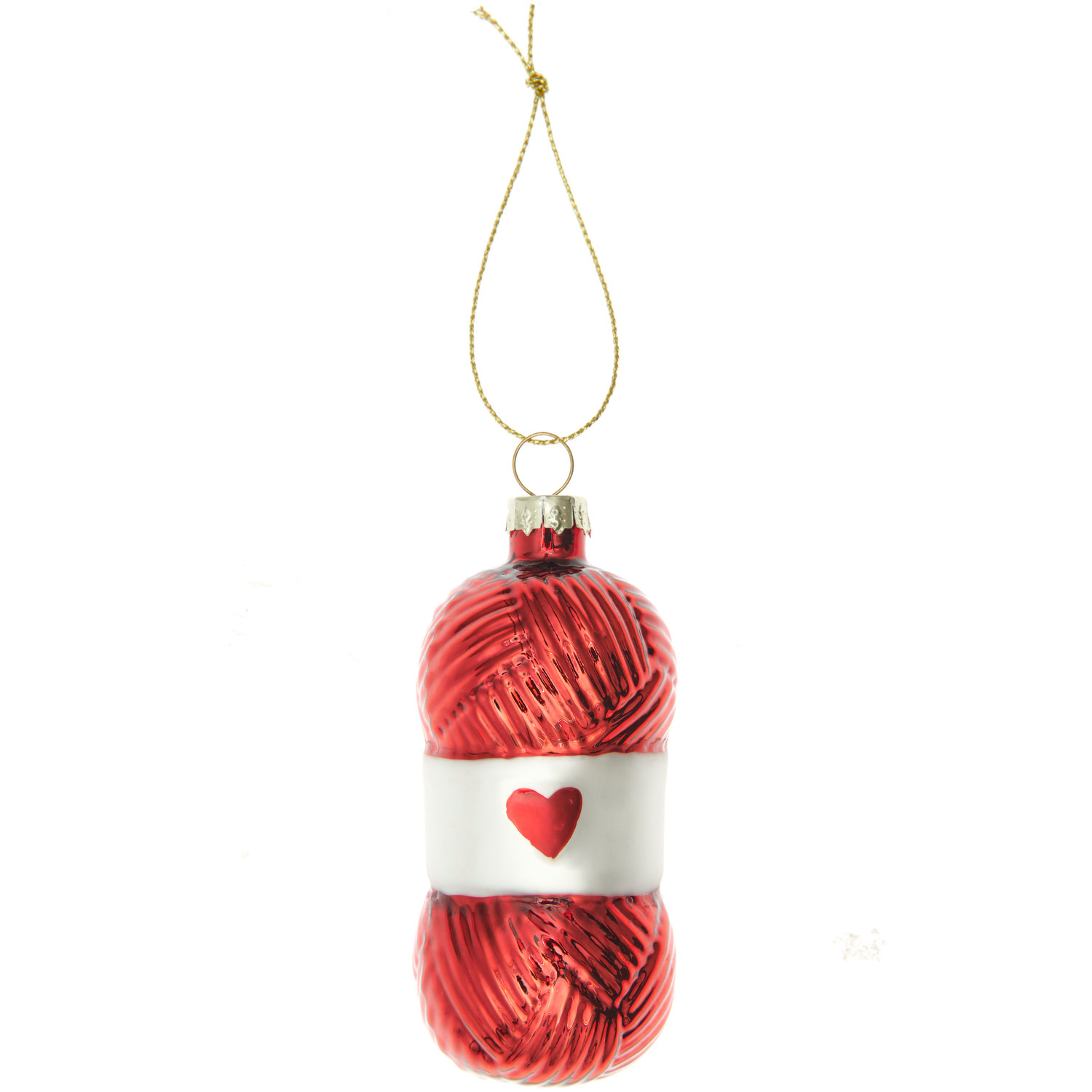 Glaskugel Wollknäuel: Weihnachtsschmuck in Wollknäuel-Form, rot mit Herzmotiv, 9x4x4cm.