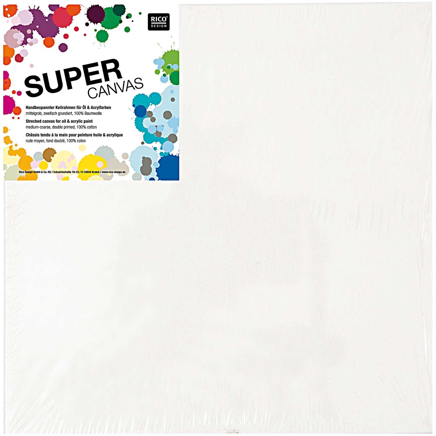 Super Canvas Keilrahmen von Rico Design, weiß, mit buntem Etikett und Farbspritzern. Ideal für kreative Projekte.