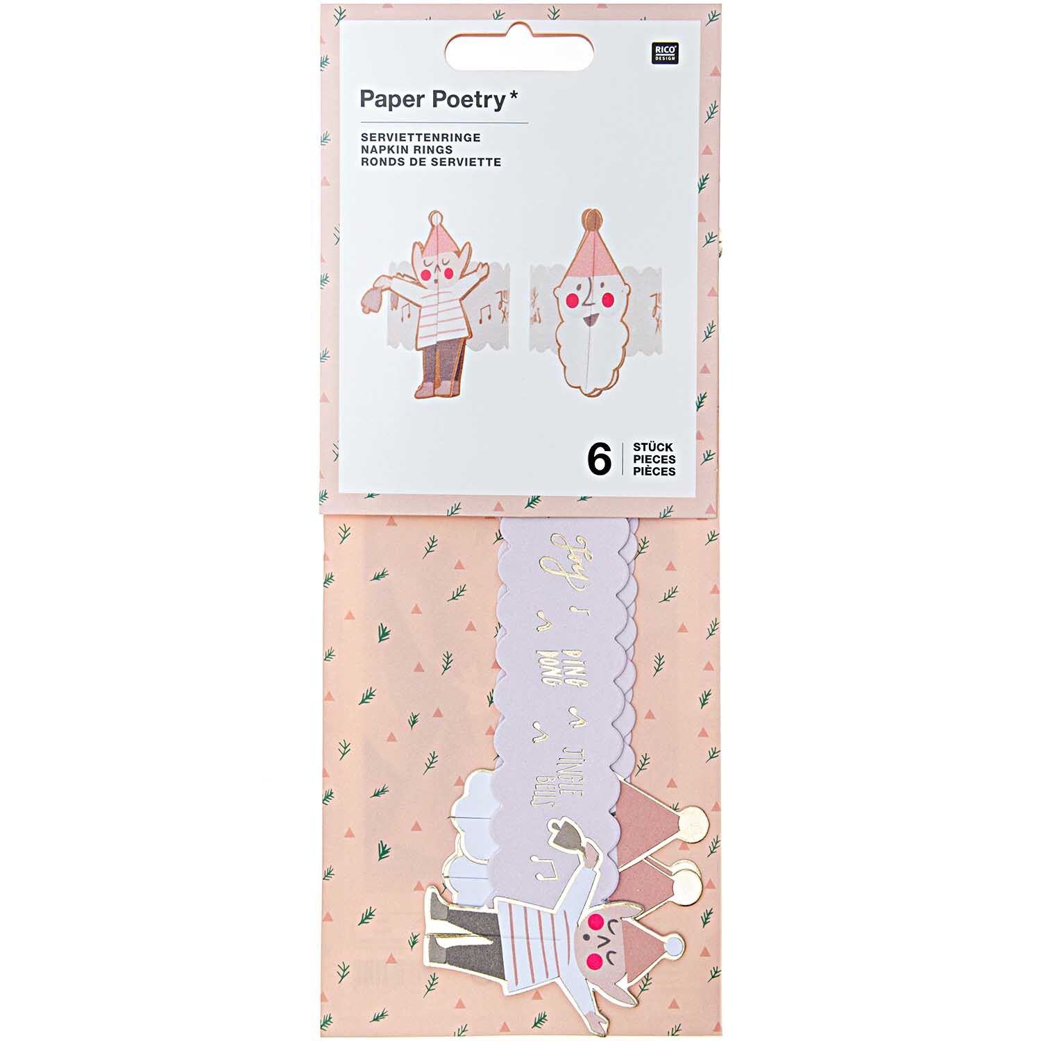 Paper Poetry Serviettenringe Jolly Christmas, pastellfarbene Designs mit weihnachtlichen Motiven, 6 Stück von Rico Design.