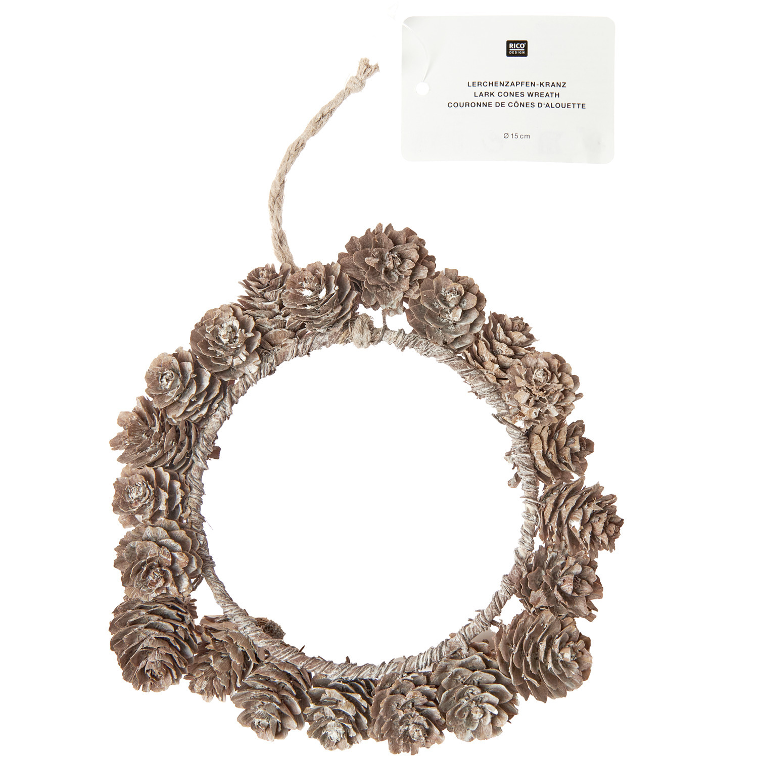 Lärchenzapfen Weiß Größe Ø15cm von Rico Design Lärchenzapfen Weiß: Ein dekorativer Kranz aus weißen Lärchenzapfen von Rico Design, ideal für festliche Anlässe.