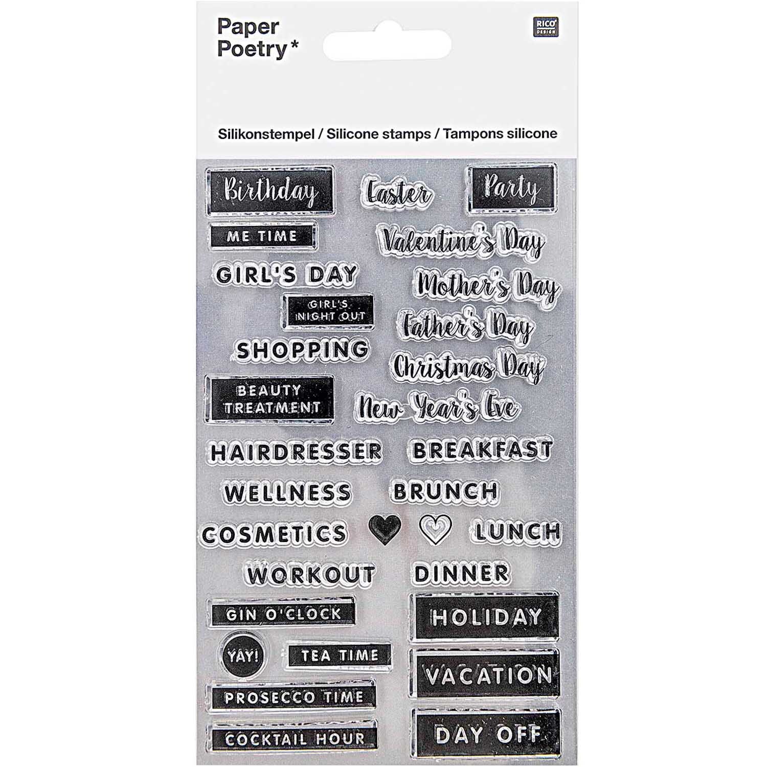 Paper Poetry Silikonstempel-Set für Bullet Diary mit verschiedenen Terminen und Anlässen.