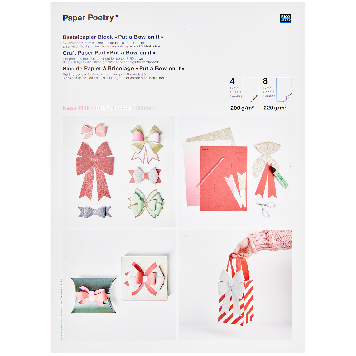 Paper Poetry Bastelpapierblock Put a Bow on It zeigt kreative Schleifenprojekte in Neon Pink. Ideal für Bastelarbeiten mit 12 Blatt von Rico Design.