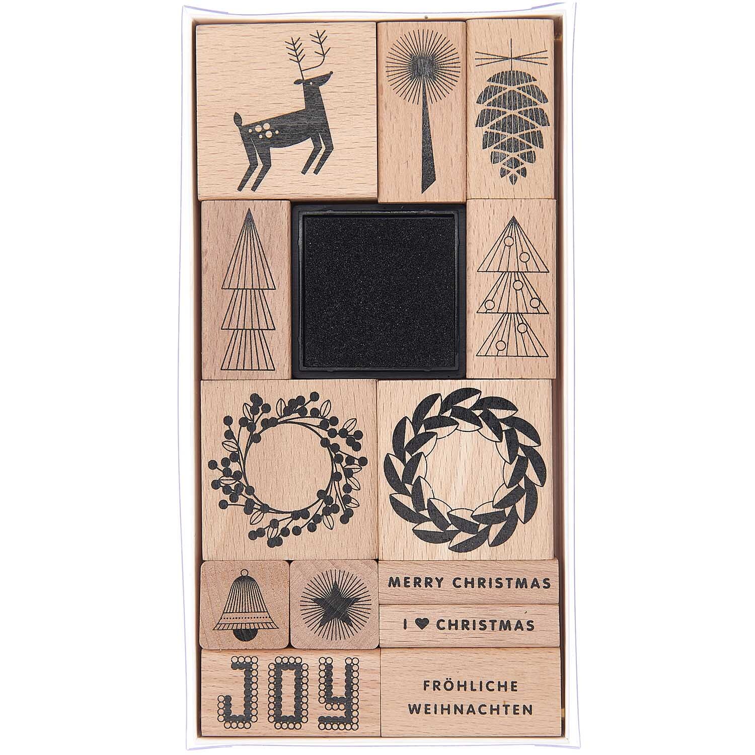 Paper Poetry Stempelset I love Christmas, 14-teilig, mit weihnachtlichen Motiven wie Rentier, Kranz und Tannenbaum von Rico Design.