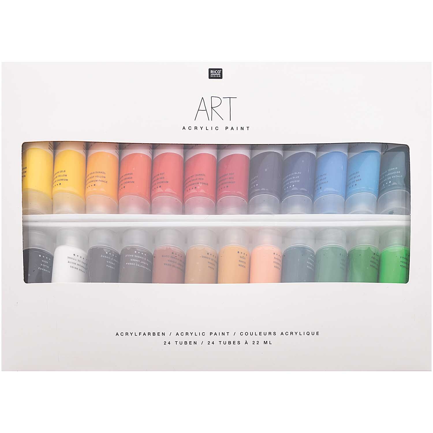 ART Künstler Acrylfarben-Set Special Edition 24x22ml zeigt 24 bunte Farbtuben in einer Verpackung von Rico Design.