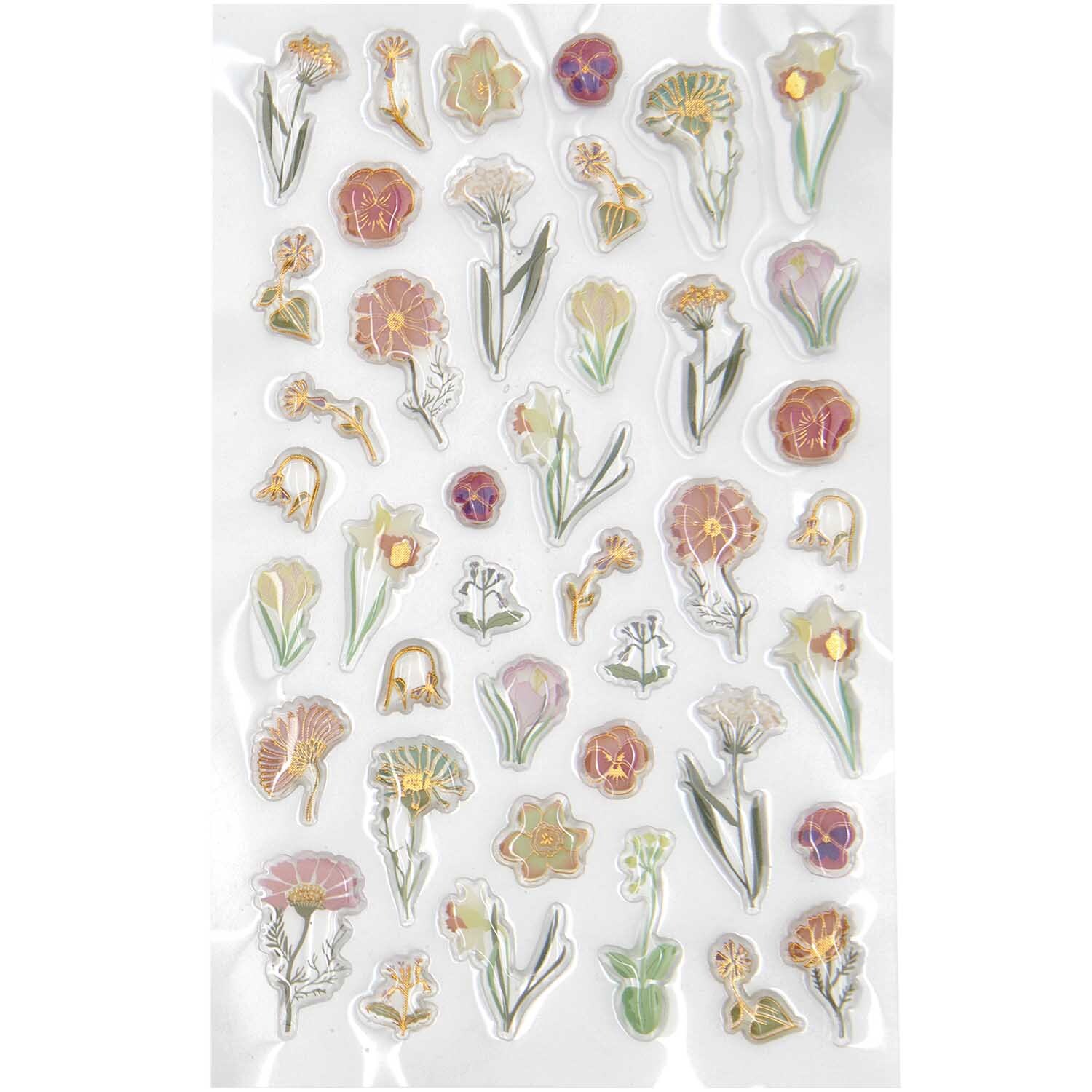 Paper Poetry Puffy-Sticker Futschikato Blumen zeigen bunte Blumenmotive auf transparentem Hintergrund. Ideal für kreative Projekte.