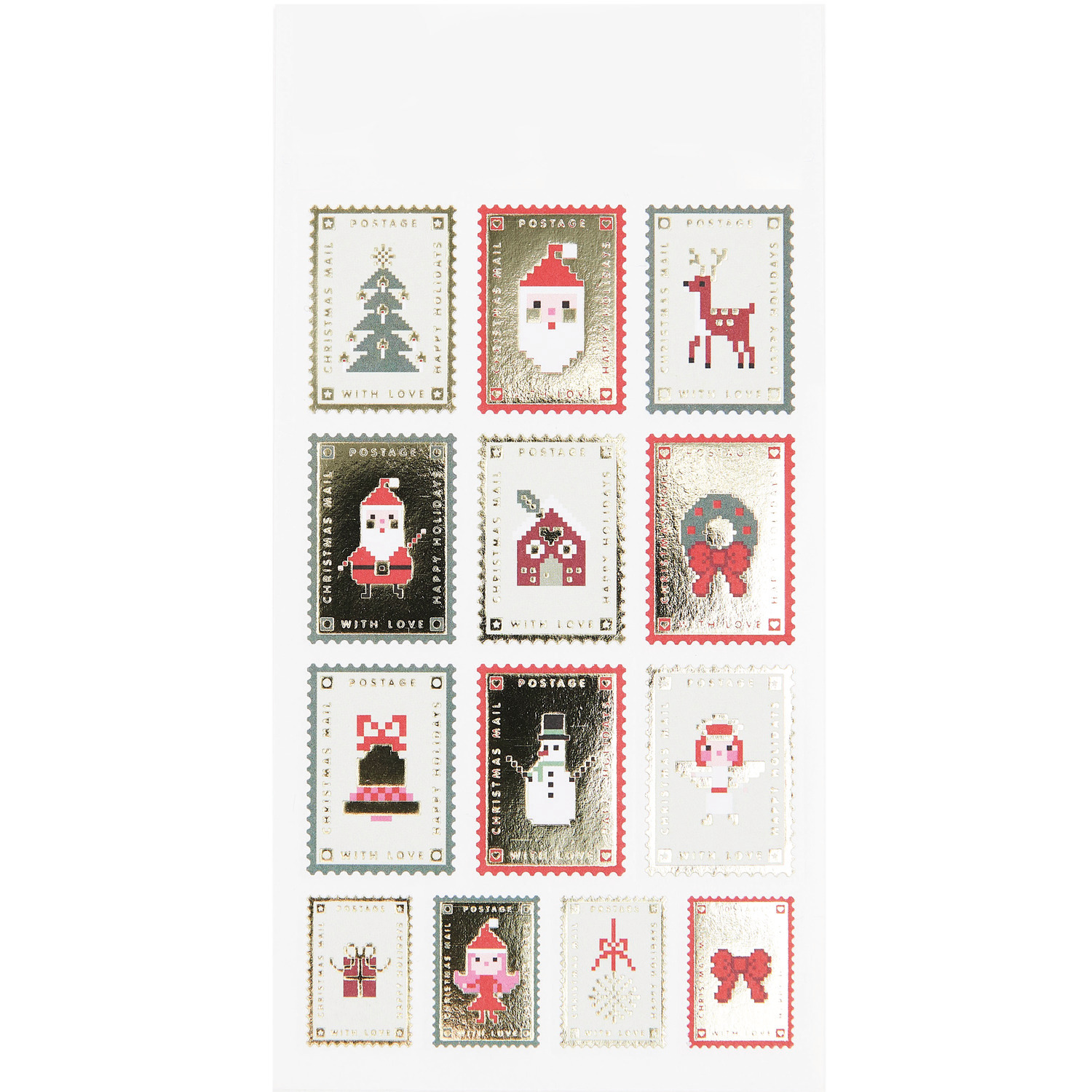Sticker Weihnachtspost mit weihnachtlichen Motiven wie Weihnachtsmann, Rentier und Schneemann. Ideal für festliche Dekorationen.
