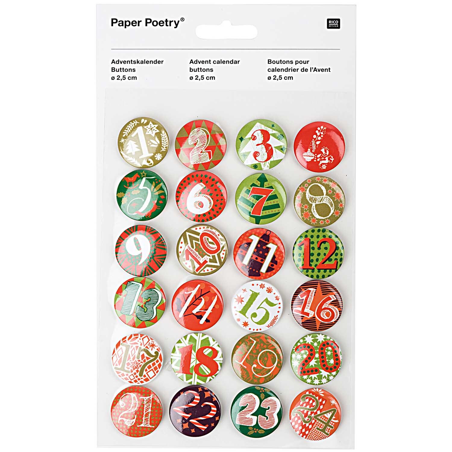 Paper Poetry Adventskalender Zahlen Buttons in festlichen Designs mit Zahlen von 1 bis 24. Perfekt für kreative Adventskalenderprojekte.