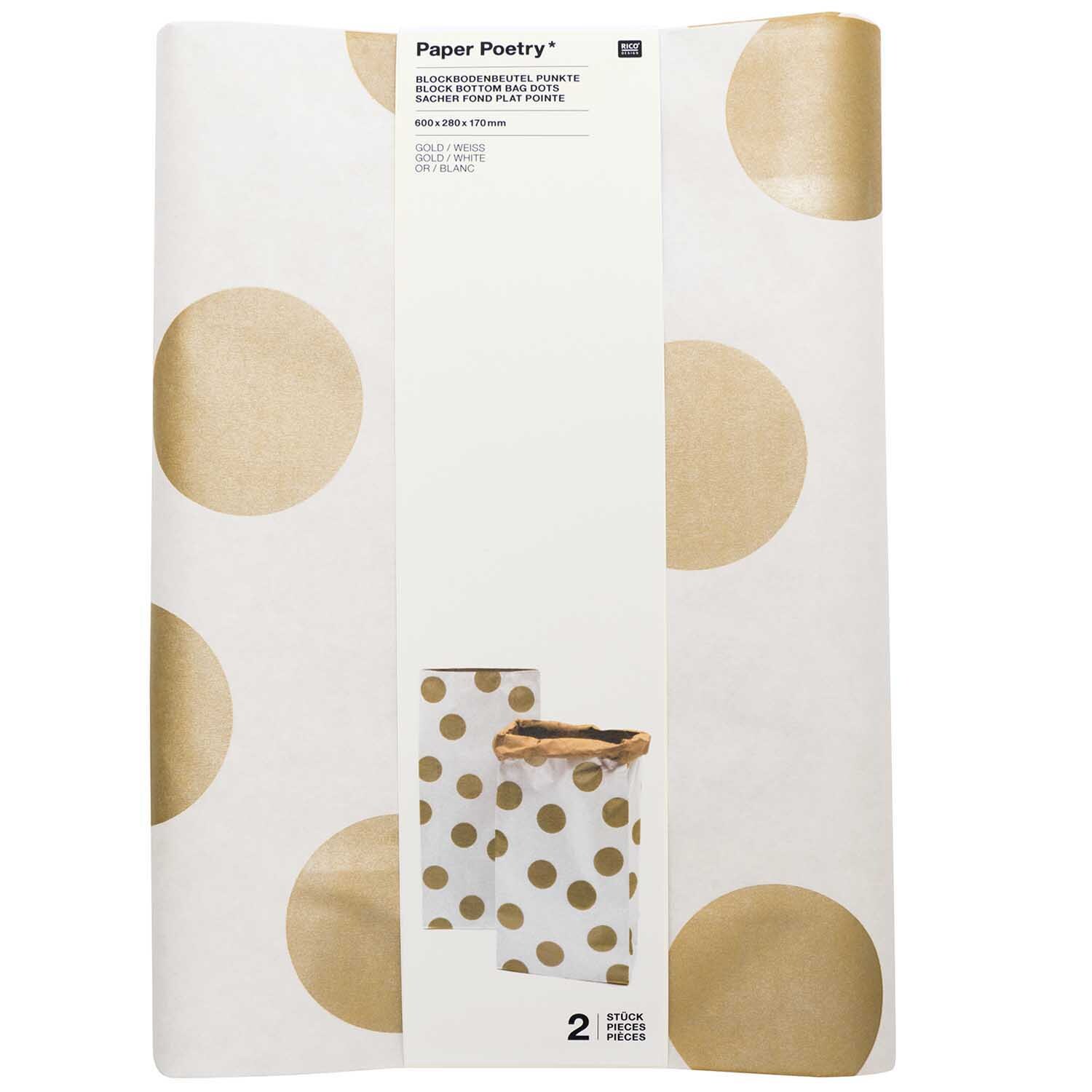 Paper Poetry Maxi-Blockbodenbeutel L Punkte 60x28x17cm 2 Stück Farbe Weiß-Braun-Gold von Rico Design