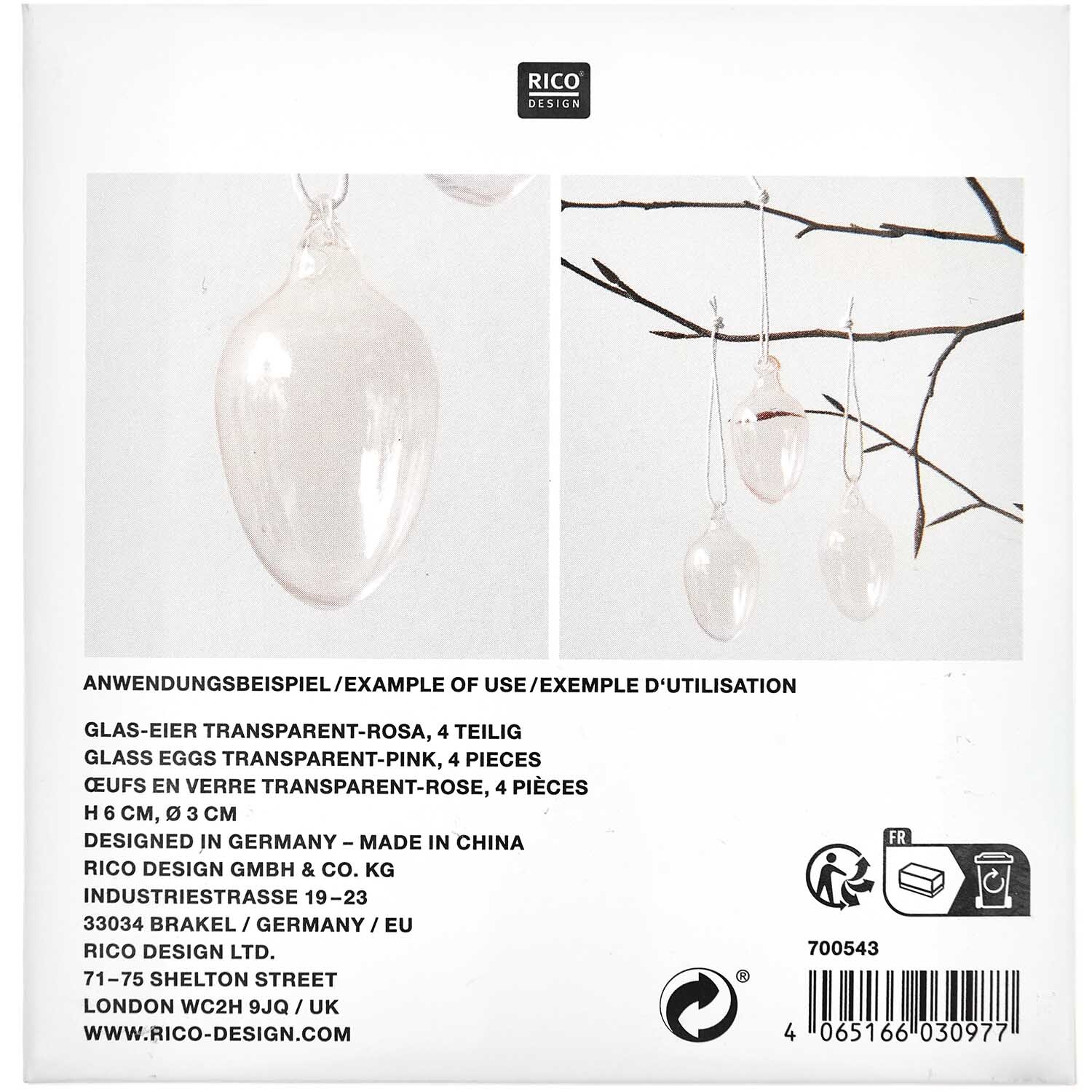 Glas Eier transparent-rosa 4 Stück Ø 3cm von Rico Design Glas Eier transparent-rosa 4 Stück Ø 3cm, dekorativ an einem Ast hängend, von Rico Design.
