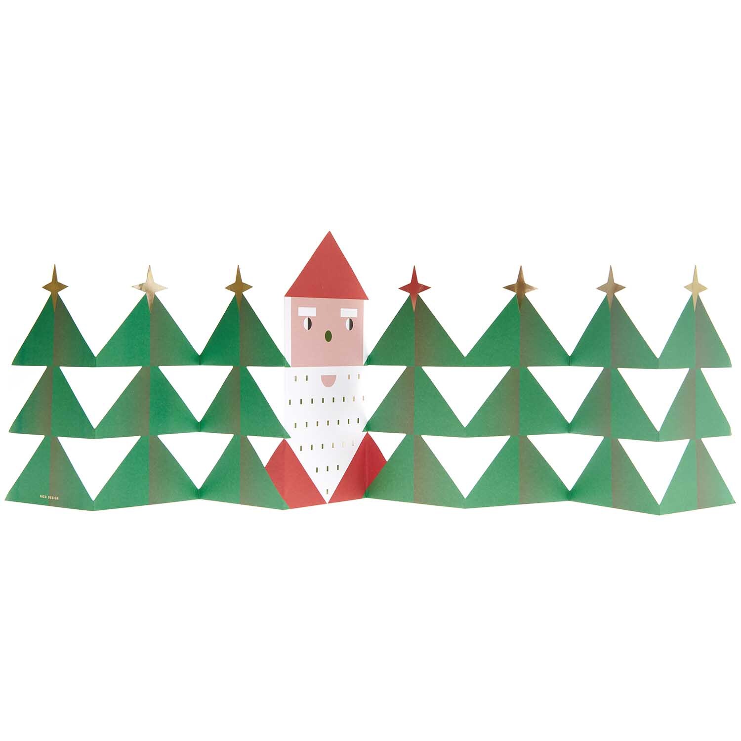 Paper Poetry Zickzack-Karte mit Weihnachtsmann-Motiv, umgeben von grünen Tannenbäumen. Ideal für festliche Dekorationen.