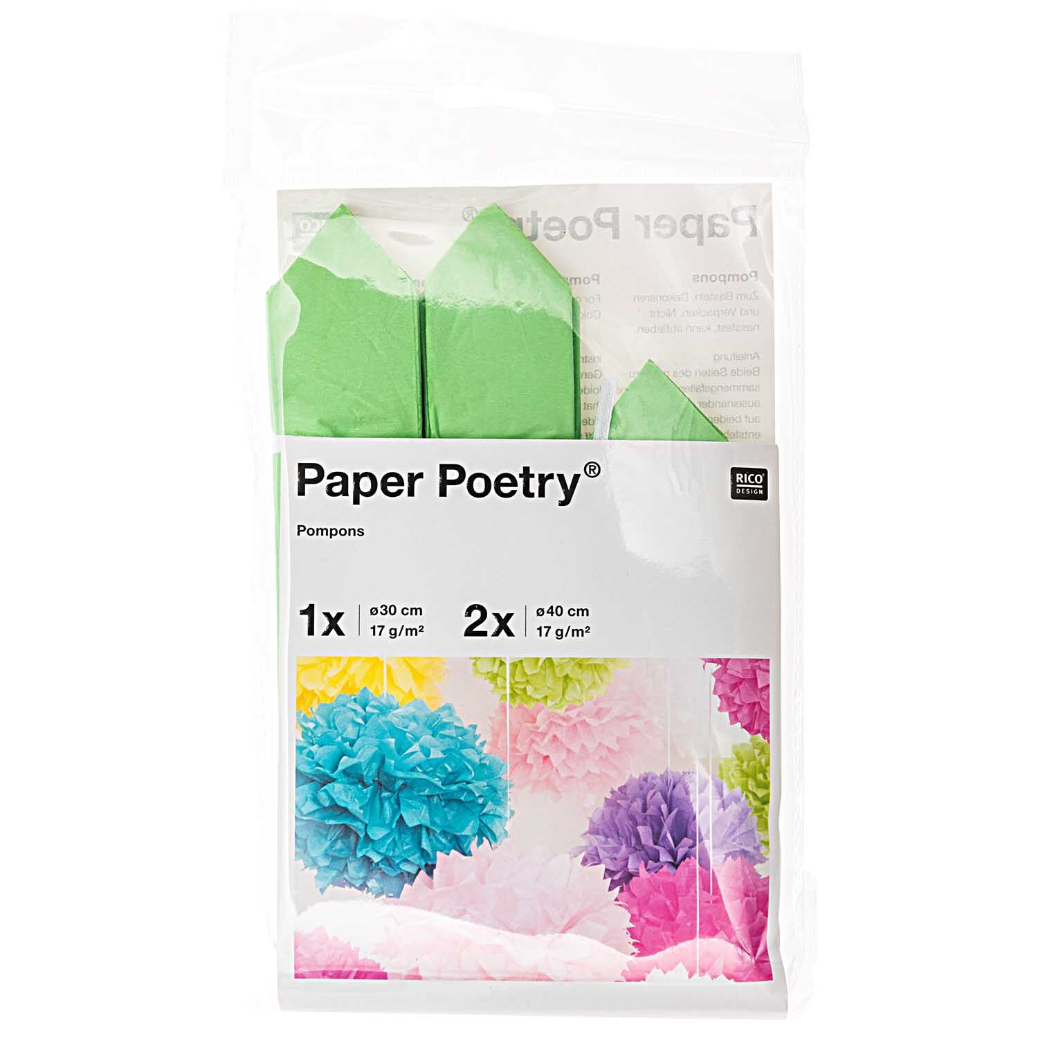 Seidenpapier Pompons 17g/m² 3 Stück Farbe Hellgrün von Rico Design Seidenpapier Pompons 17g/m² 3 Stück von Rico Design in Hellgrün, verpackt in einer transparenten Tüte mit bunten Pompons im Hintergrund.