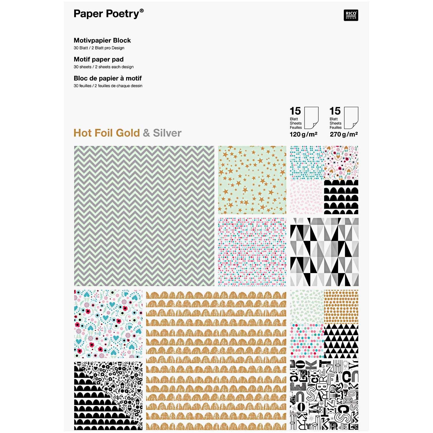 Paper Poetry Motivpapier Block mit 30 bunten Blättern und Hot Foil Designs von Rico Design.