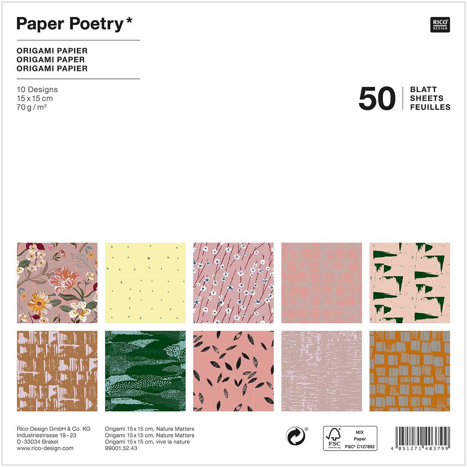 Paper Poetry Origami Nature Matters 15x15cm 50 Blatt zeigt 10 bunte Origami-Papierdesigns.