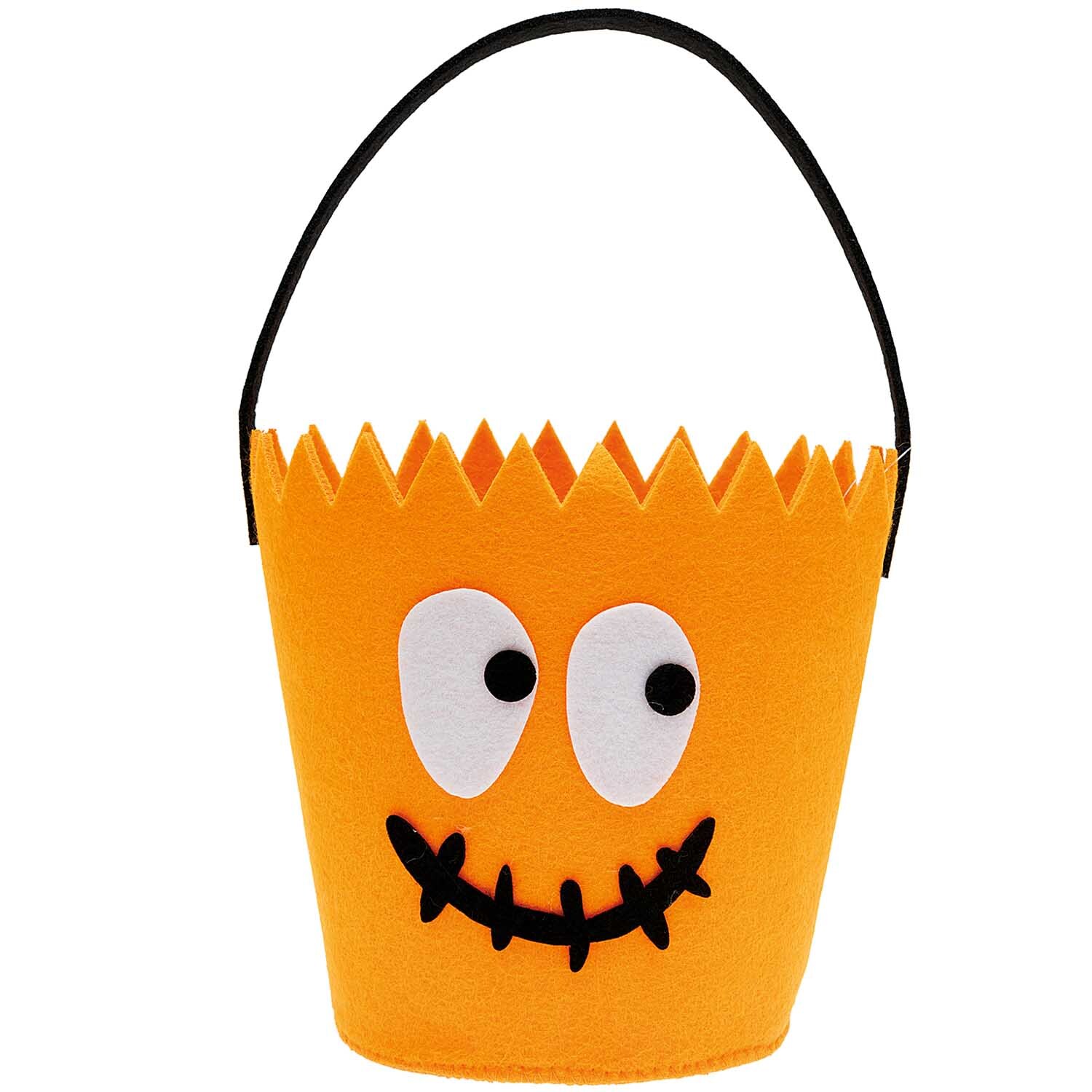 Halloween Filzkorb mit gruseligem Gesicht, ideal für Süßigkeiten, von Rico Design, in leuchtendem Orange.