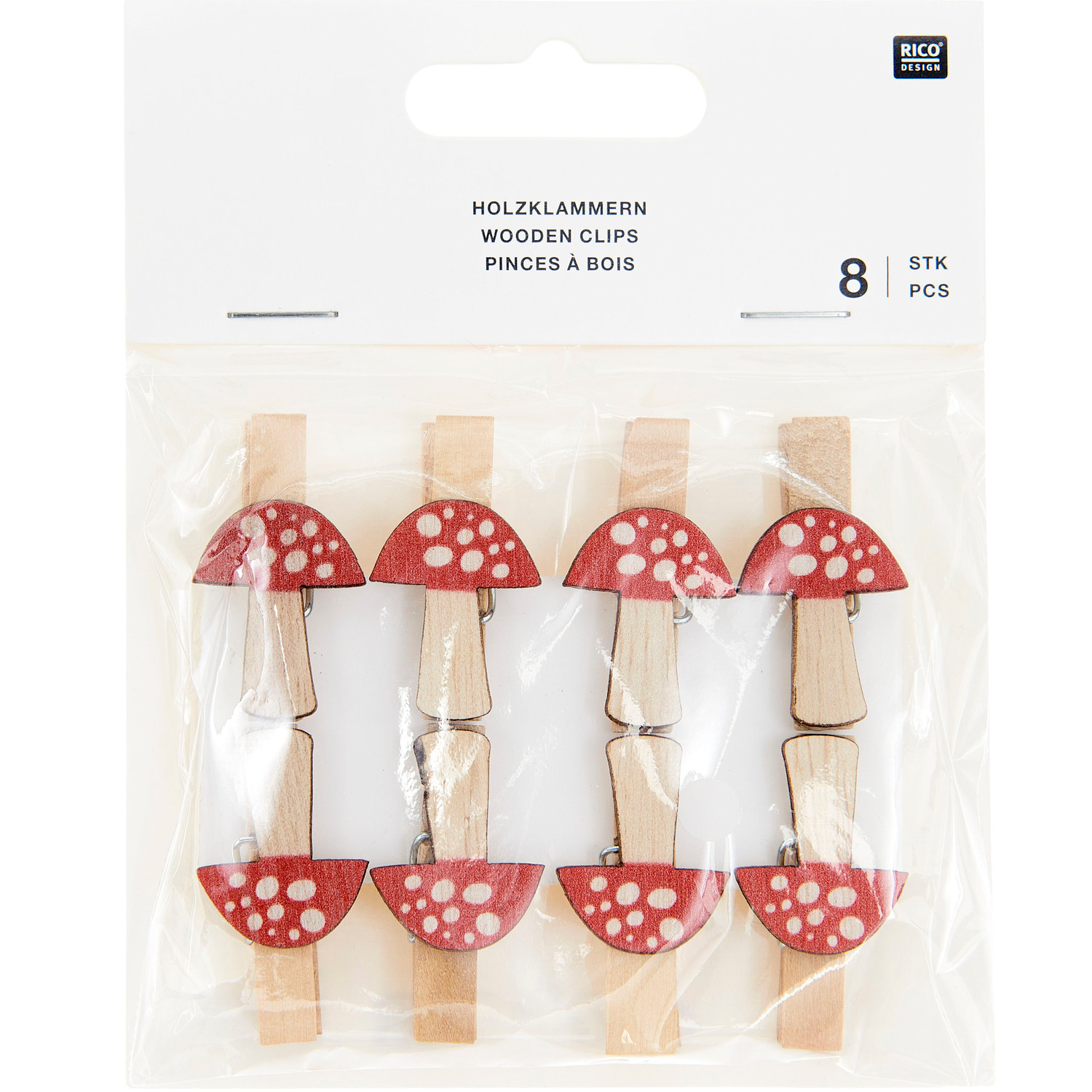 Holzclips Fliegenpilz 8 Stück, 20x35mm Farbe Natur-rot von Rico Design