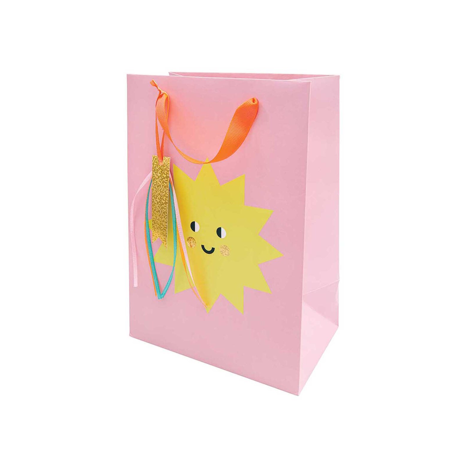 Paper Poetry Geschenktüte mit fröhlicher Sonne und bunten Bändern auf rosa Hintergrund. Ideal für Geburtstagsgeschenke. Marke: Rico Design.