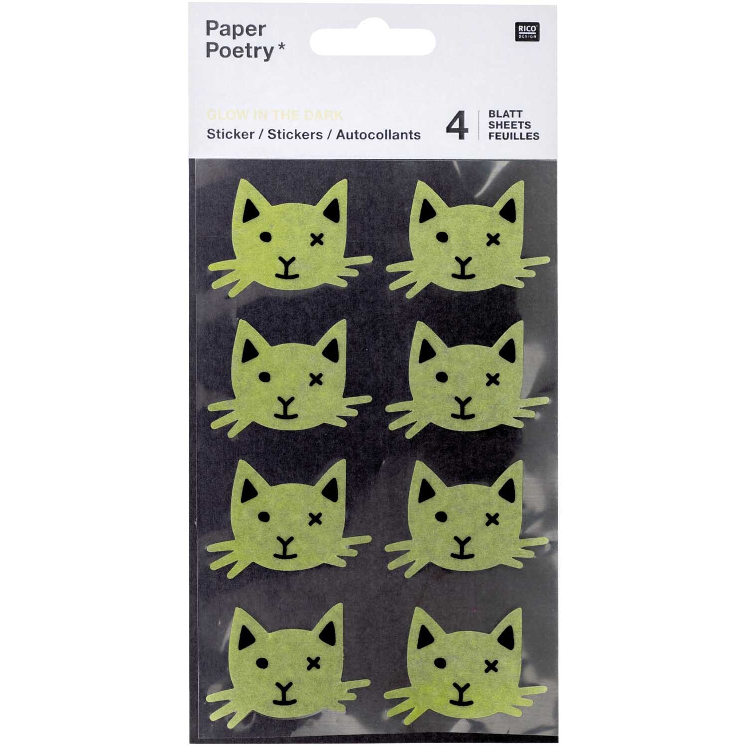 Paper Poetry Washi-Sticker Katzen: Neun grüne Katzensticker von Rico Design auf schwarzem Hintergrund. Ideal für kreative Projekte.