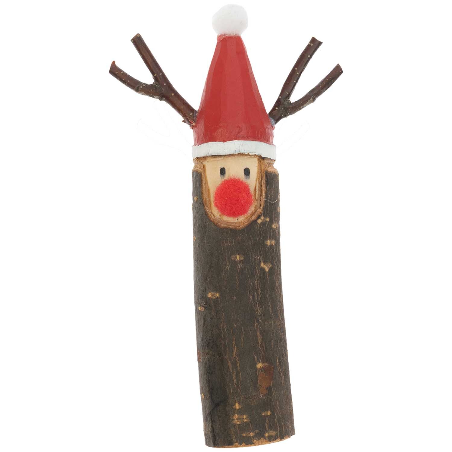 Holzfigur Rentier 7x12,5cm von Rico Design: Mehrfarbige Rentierfigur mit roter Nase und Hut, ideal für festliche Dekorationen.