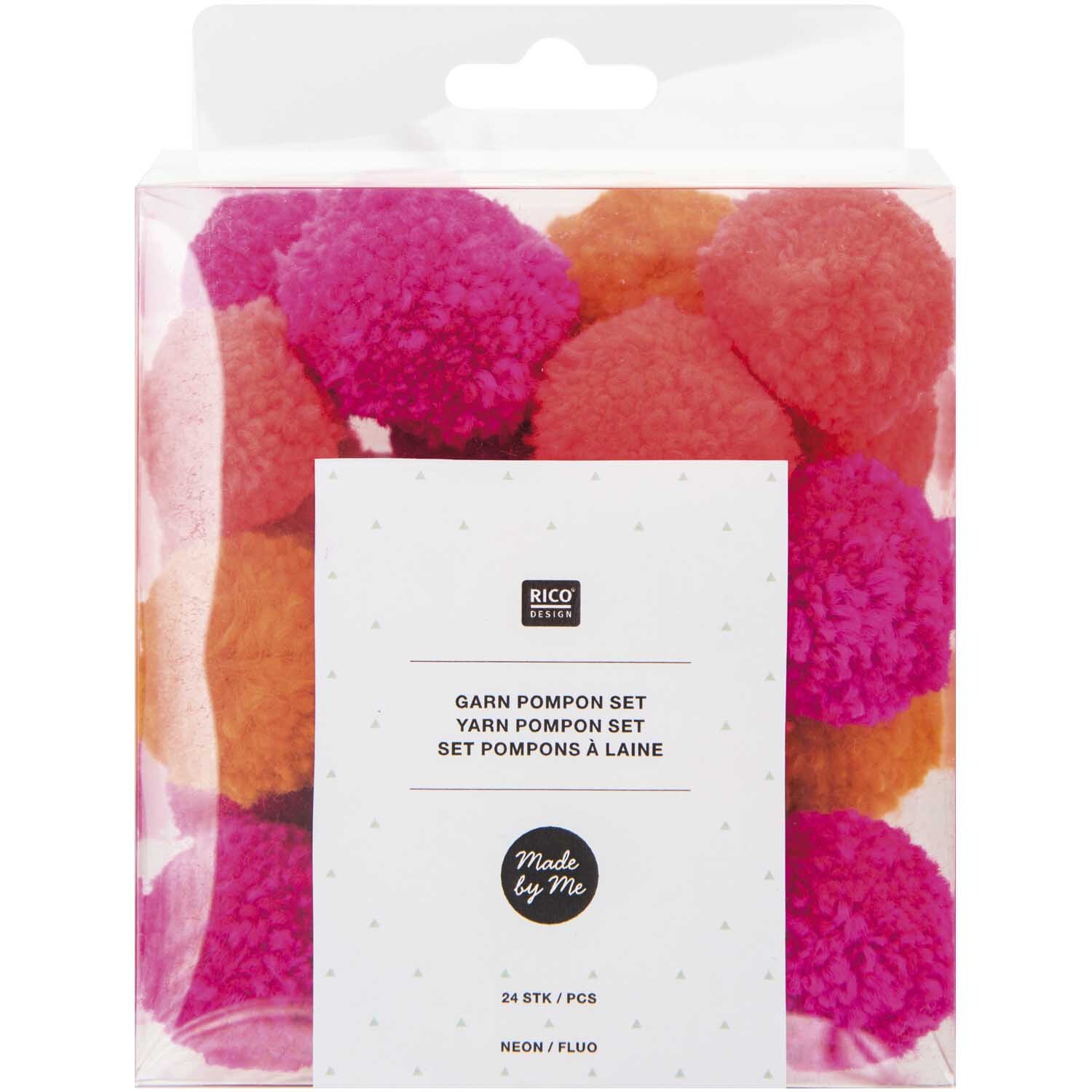 Garn Pompons 24 Stück Farbe Neon Mix von Rico Design Garn Pompons 24 Stück in leuchtenden Neonfarben von Rico Design, verpackt in einer transparenten Box.