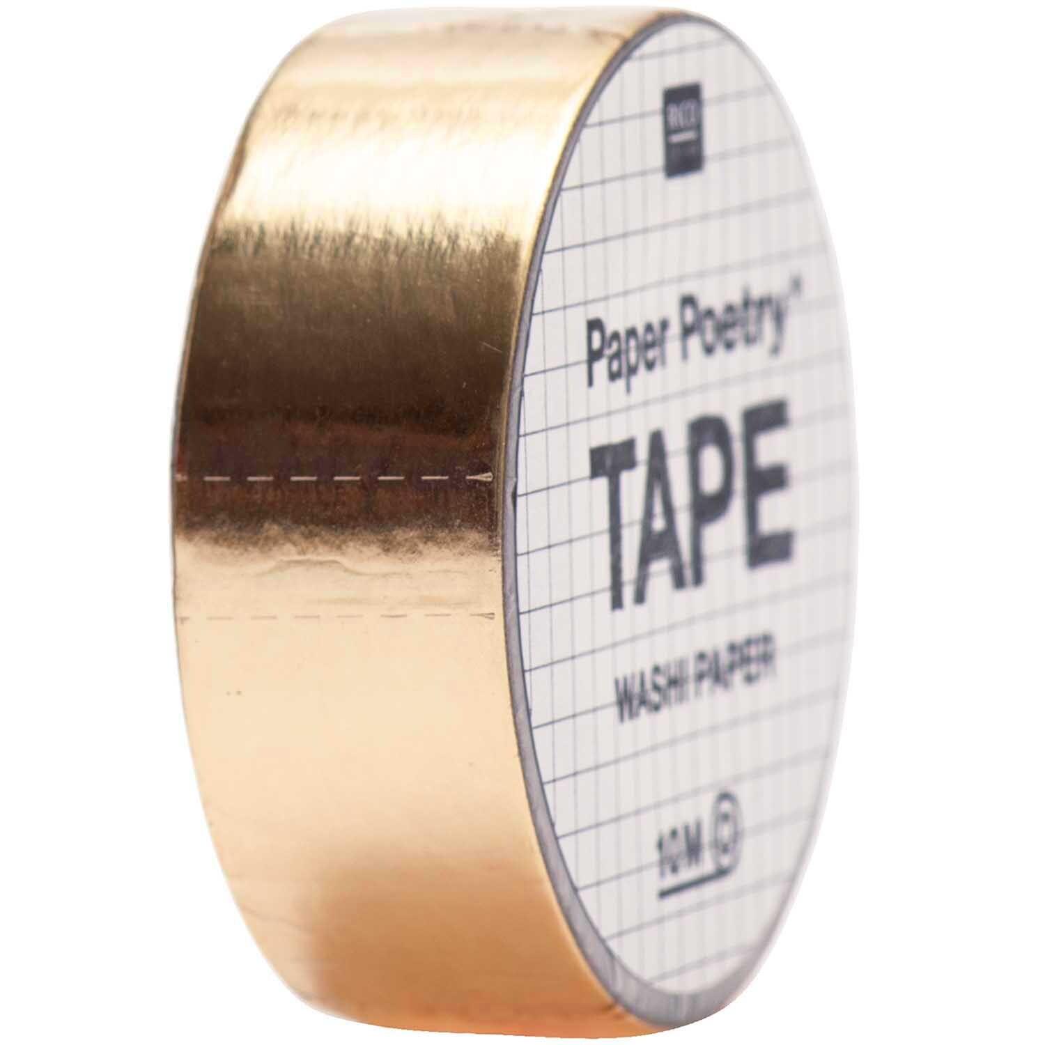 Paper Poetry Tape Metallic 15mm 10m Farbe Gold von Rico Design Paper Poetry Tape Metallic 15mm 10m von Rico Design in Gold, seitlich abgebildet auf schwarzem Hintergrund.