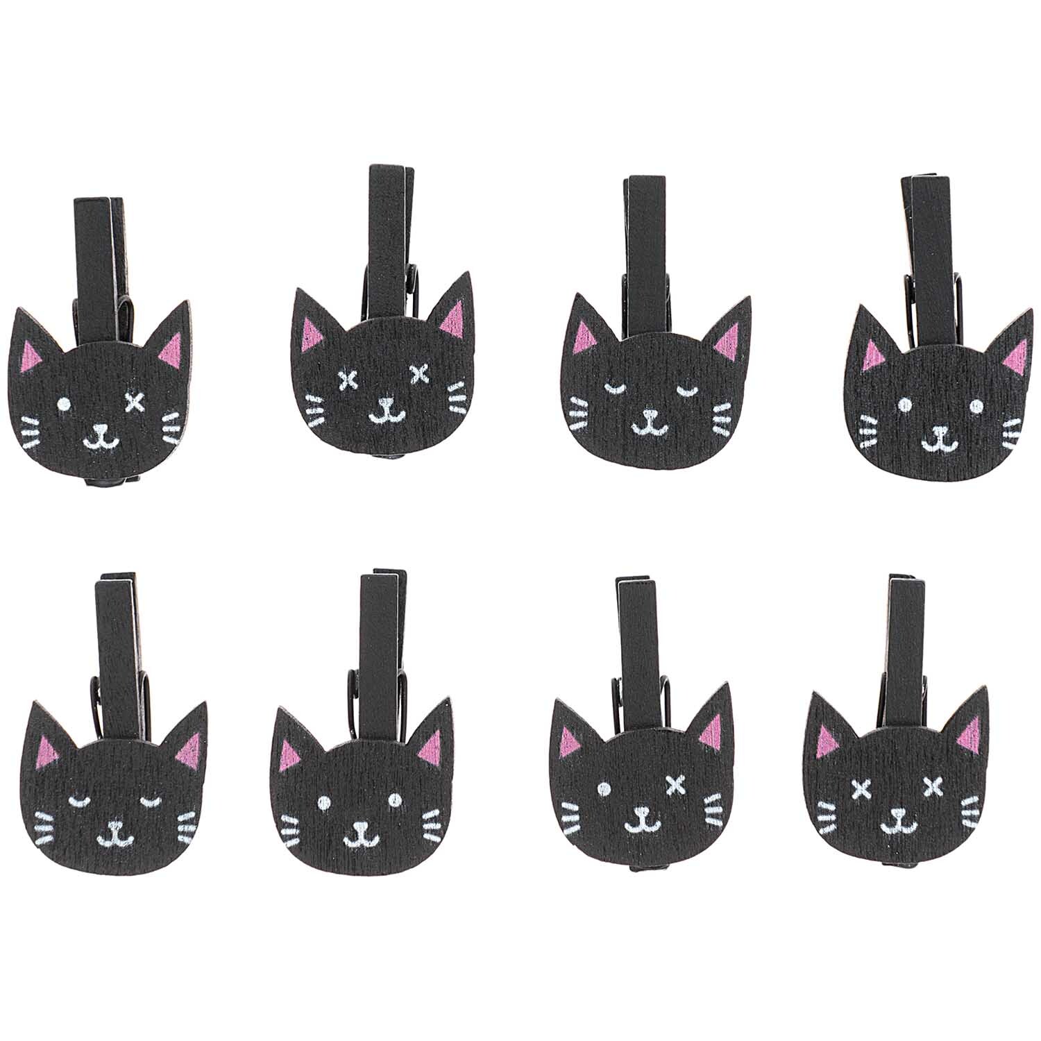 Holzclips Katzen schwarz 8 Stück: Acht schwarze Katzen-Holzclips von Rico Design mit niedlichen Gesichtern, ideal zum Dekorieren und Basteln.