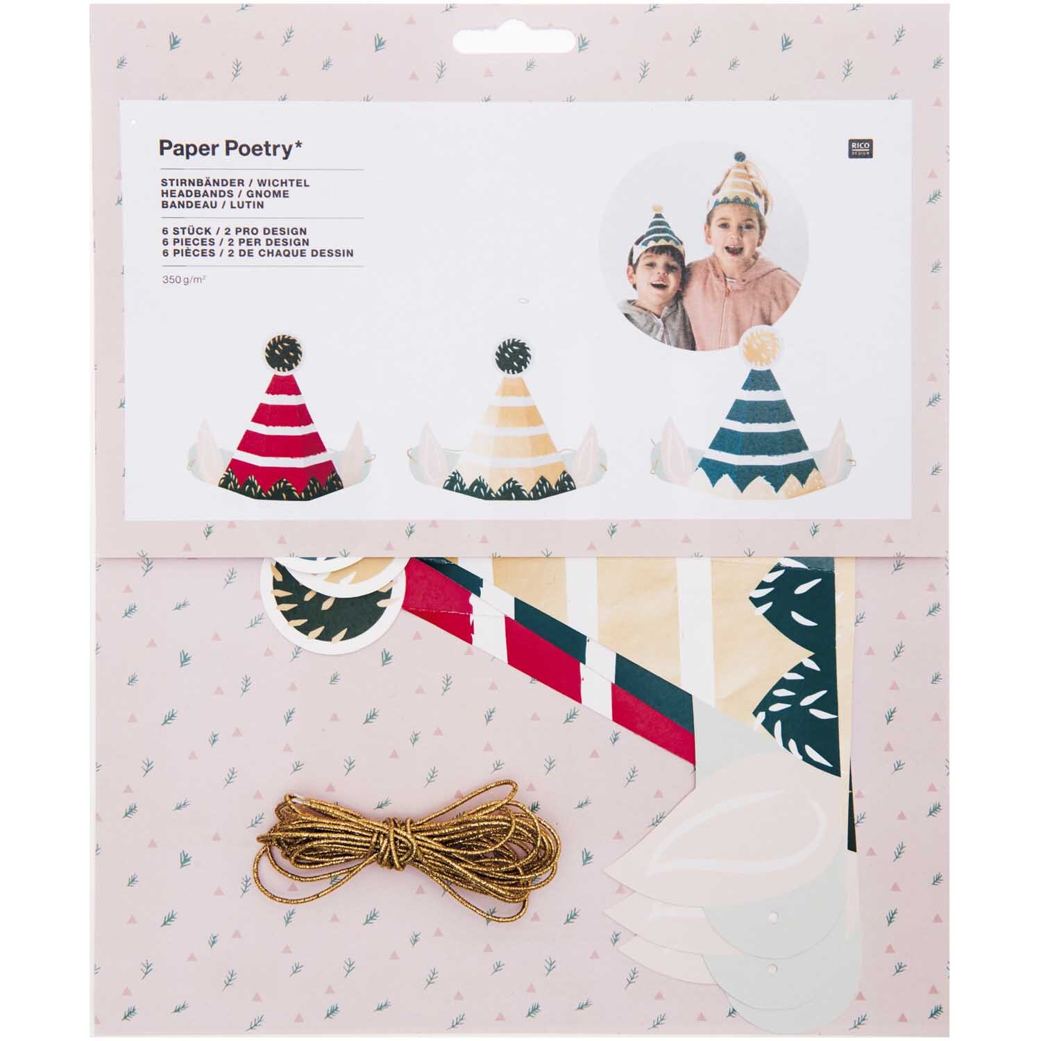 Paper Poetry Stirnbänder Wichtel 6 Stück von Rico Design, mit bunten Designs und goldener Schnur. Ideal für kreative Bastelprojekte.
