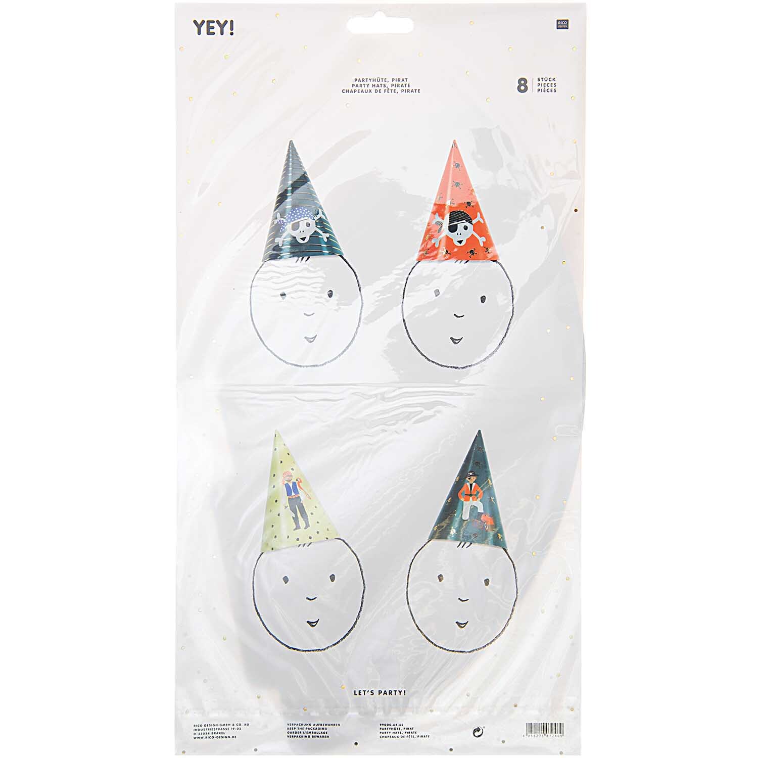 Partyhüte Pirat 20cm 8 Stück von Rico Design Partyhüte Pirat 20cm 8 Stück: Vier bunte Partyhüte mit Piratenmotiven von Rico Design auf weißem Hintergrund.