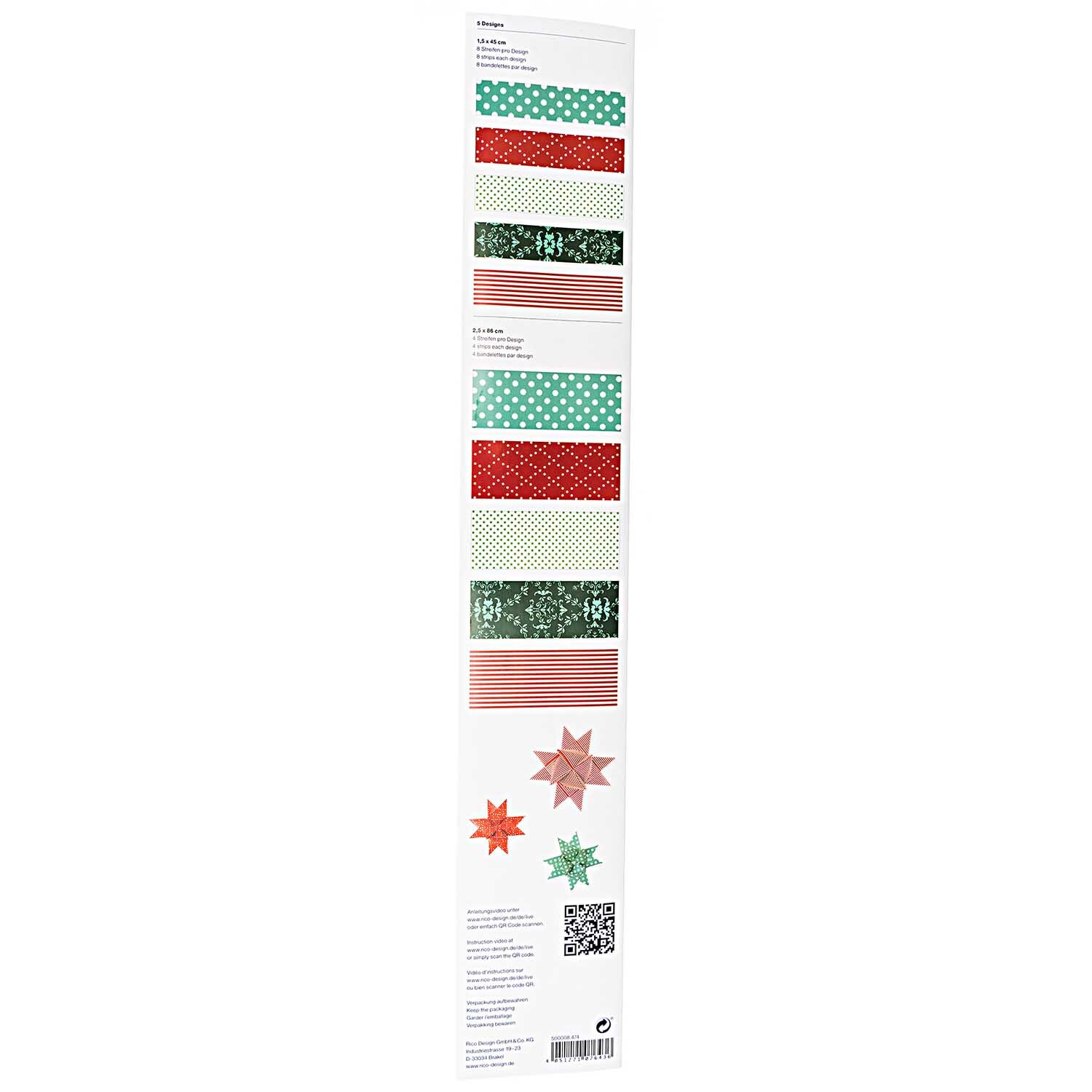 Paper Poetry bandes de Fröbel Christmas Mix 60 pièces from Rico Design Paper Poetry Fröbelstreifen Christmas Mix 60 Stück von Rico Design zeigt bunte Streifen in Rot, Grün und Weiß mit verschiedenen Mustern für kreative Bastelprojekte.