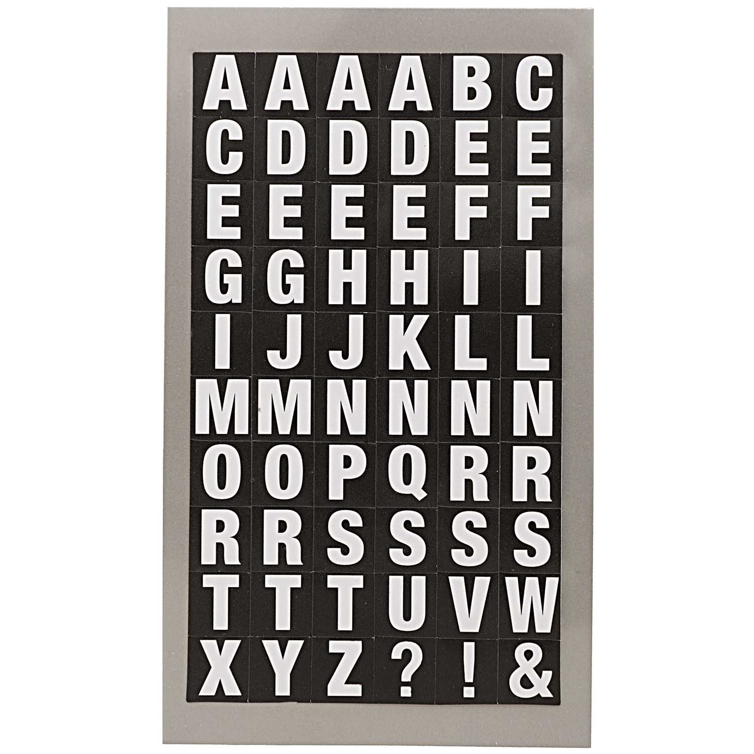 Paper Poetry Office Sticker Buchstaben in Weiß und Schwarz von Rico Design, 4 Bögen mit Buchstaben und Symbolen auf schwarzem Hintergrund.