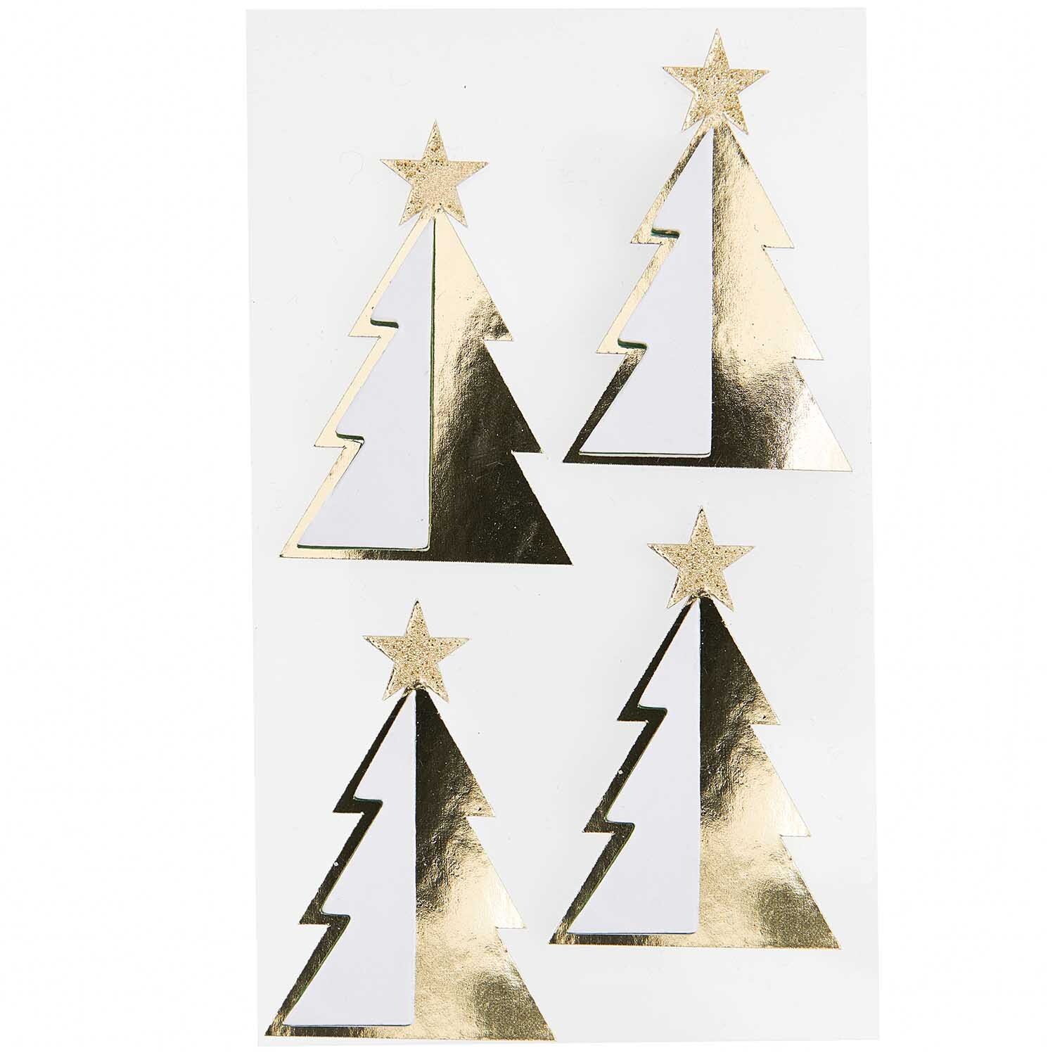 Paper Poetry Wabenpapiersticker Tannen 1 Blatt von Rico Design Paper Poetry Wabenpapiersticker Tannen von Rico Design: Vier goldene Tannenbaum-Sticker mit Sternen auf weißem Hintergrund. Ideal für festliche Dekorationen.