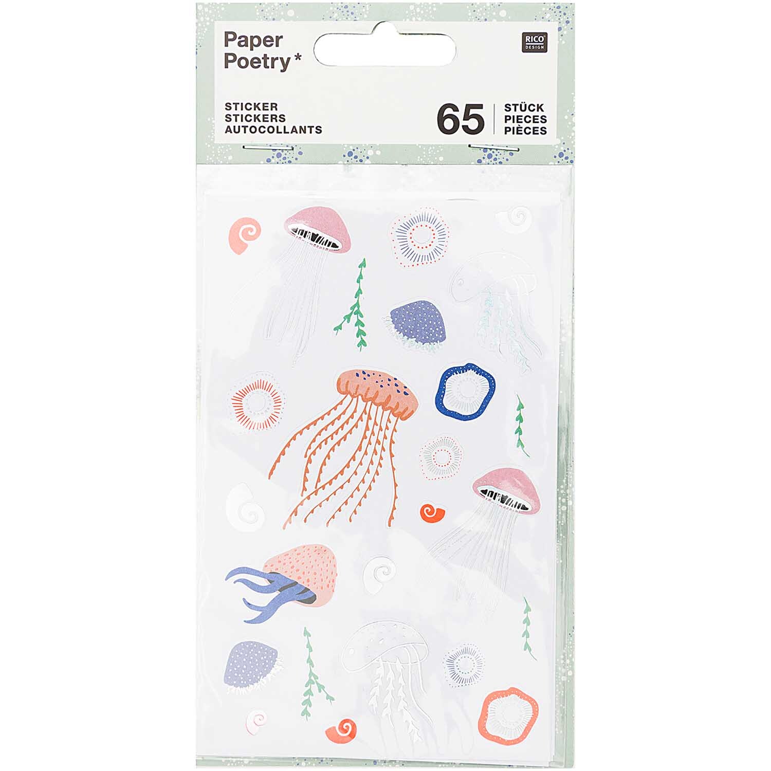 Paper Poetry Sticker Mermaid Quallen zeigt bunte Quallen und Muscheln von Rico Design, 65 Stück.