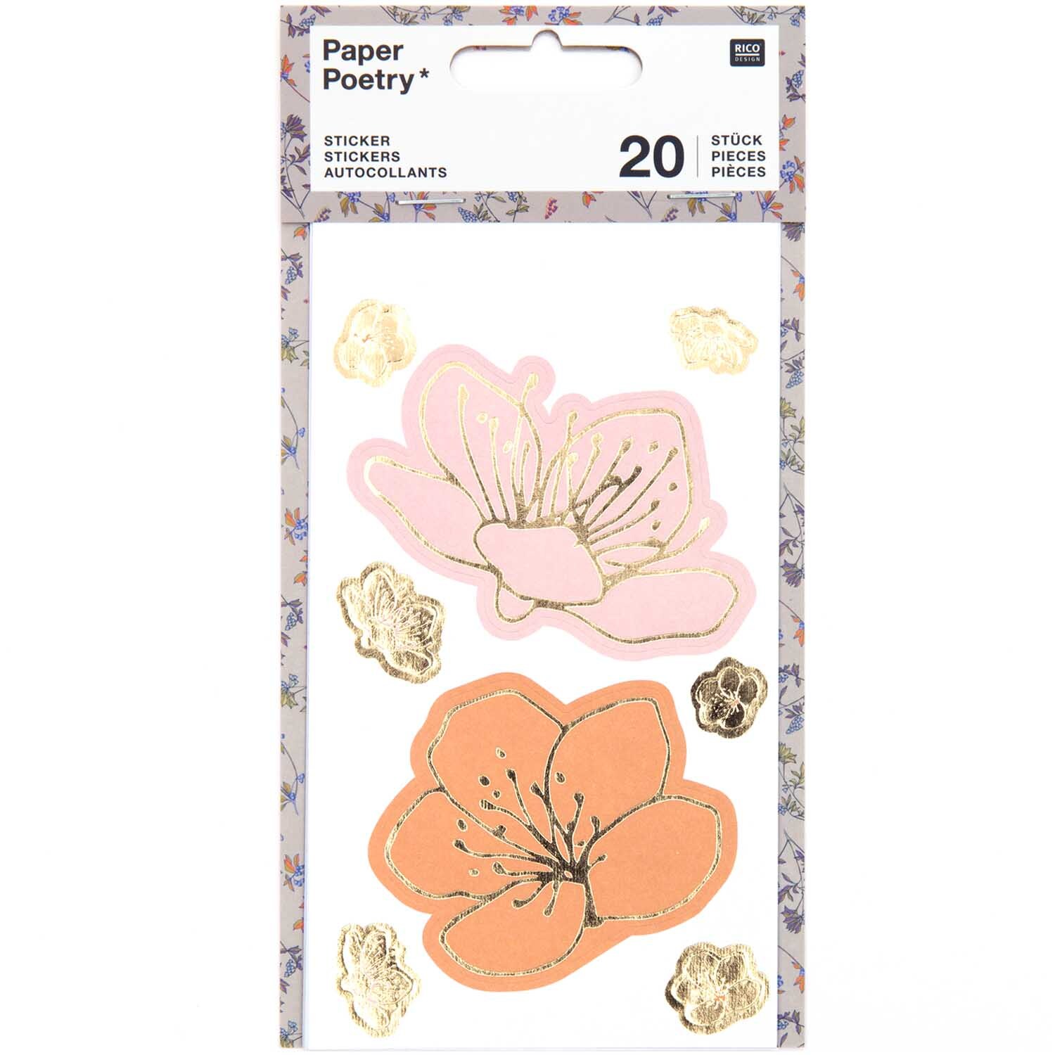 Paper Poetry Sticker Blüten 4 Blatt: Florale Sticker in Rosa und Orange von Rico Design, ideal für kreative Projekte.